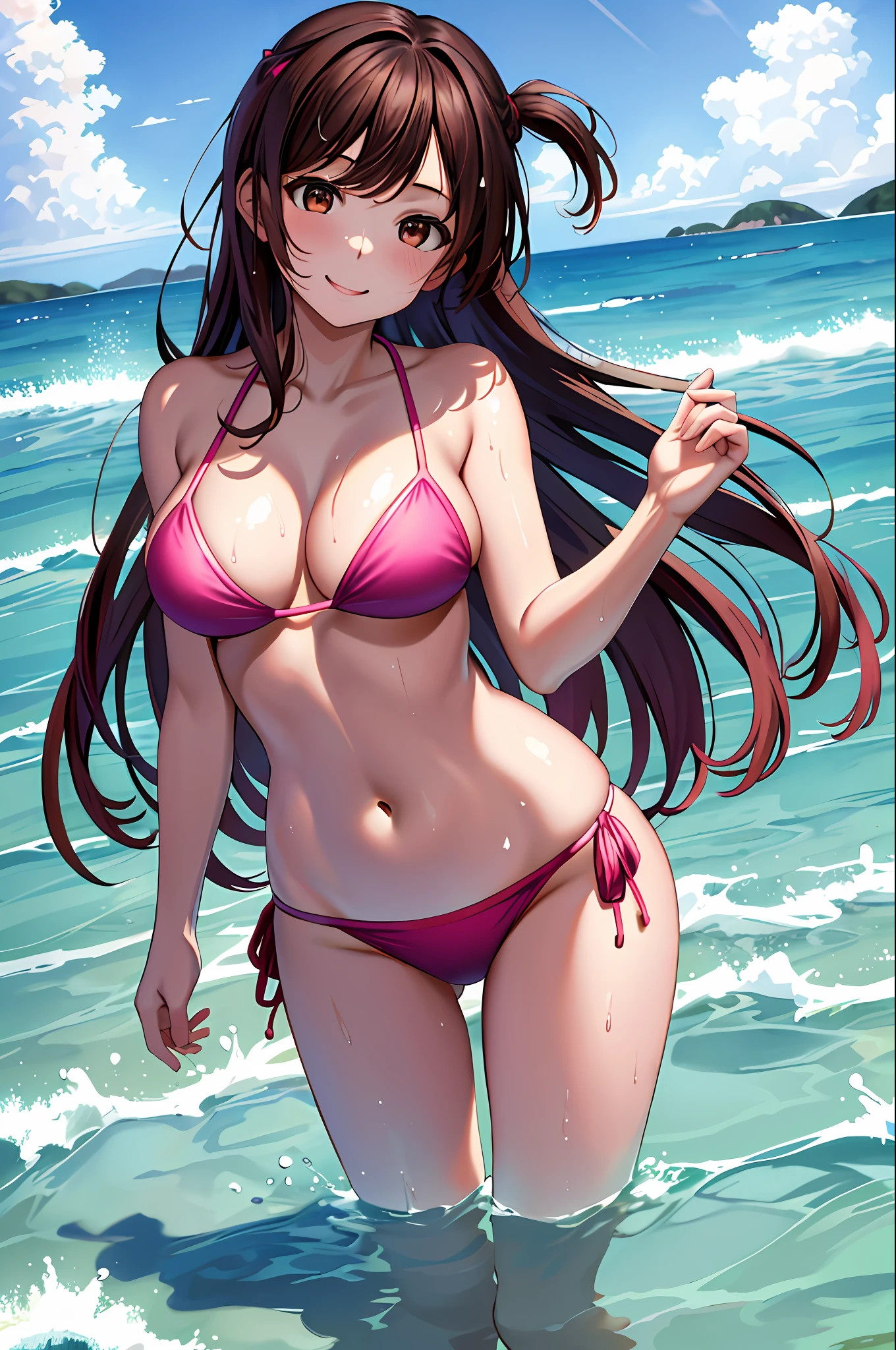 masterpiece, top quality, high resolution, chi1, one girl, one side up, solo, bikini, navel, pink bikini, collarbone, side tie bikini bottom, big, bangs, cleavage, beach, reach, smile, wet, sea,