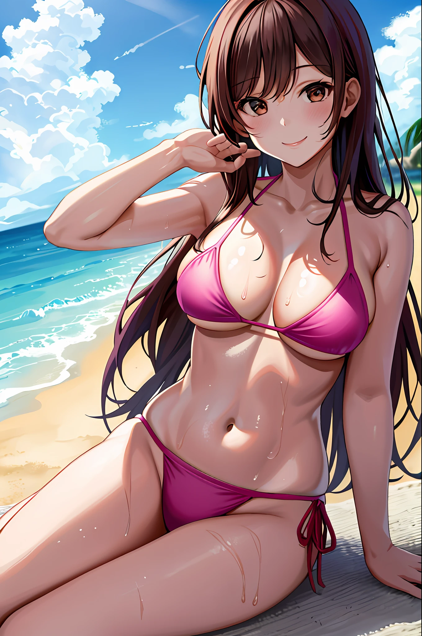 masterpiece, top quality, high resolution, chi1, one girl, one side up, solo, bikini, navel, pink bikini, collarbone, side tie bikini bottom, big, bangs, cleavage, beach, reach, smile, wet, sea,