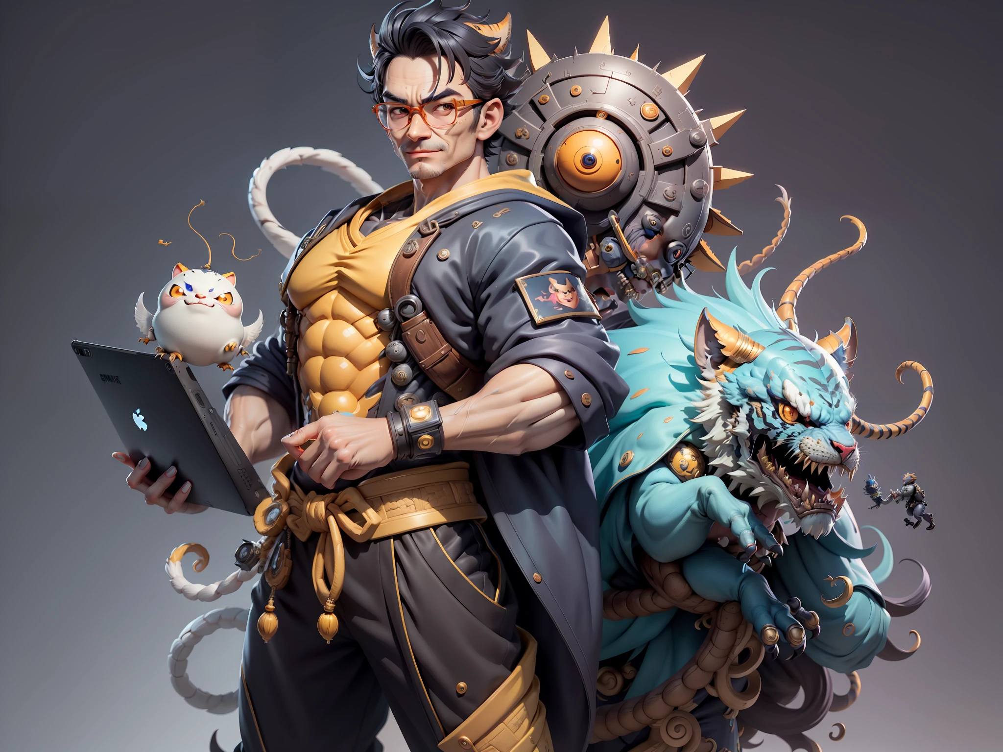 (Masterpiece), (Excellent), (Super Meticulous), (Full Body: 1.2), Super Young Man with Japanese Female Geisha, Pretty, Beautiful, Chinese Dragon, Tiger, Wind God Thor, Sexy, Bursting, Oriental Face, TV Anchor, Bust Portrait Illustration, Black Suit, Blue Tie, Slightly Chubby Face, Silver Glasses, Very Clean Face, No Beard on Chin, Black Super Short Hair, Black Eyes, Confident Smile, 3c Computer Sub-Products, iPad, iPhone, Digital Painting, 3D character design by Mark Clairedon and Pixar and Hayao Miyazaki and Akira Toriyama, the illustrations are HD illustrations in 4K resolution with highly detailed facial features and cartoon-style visuals.