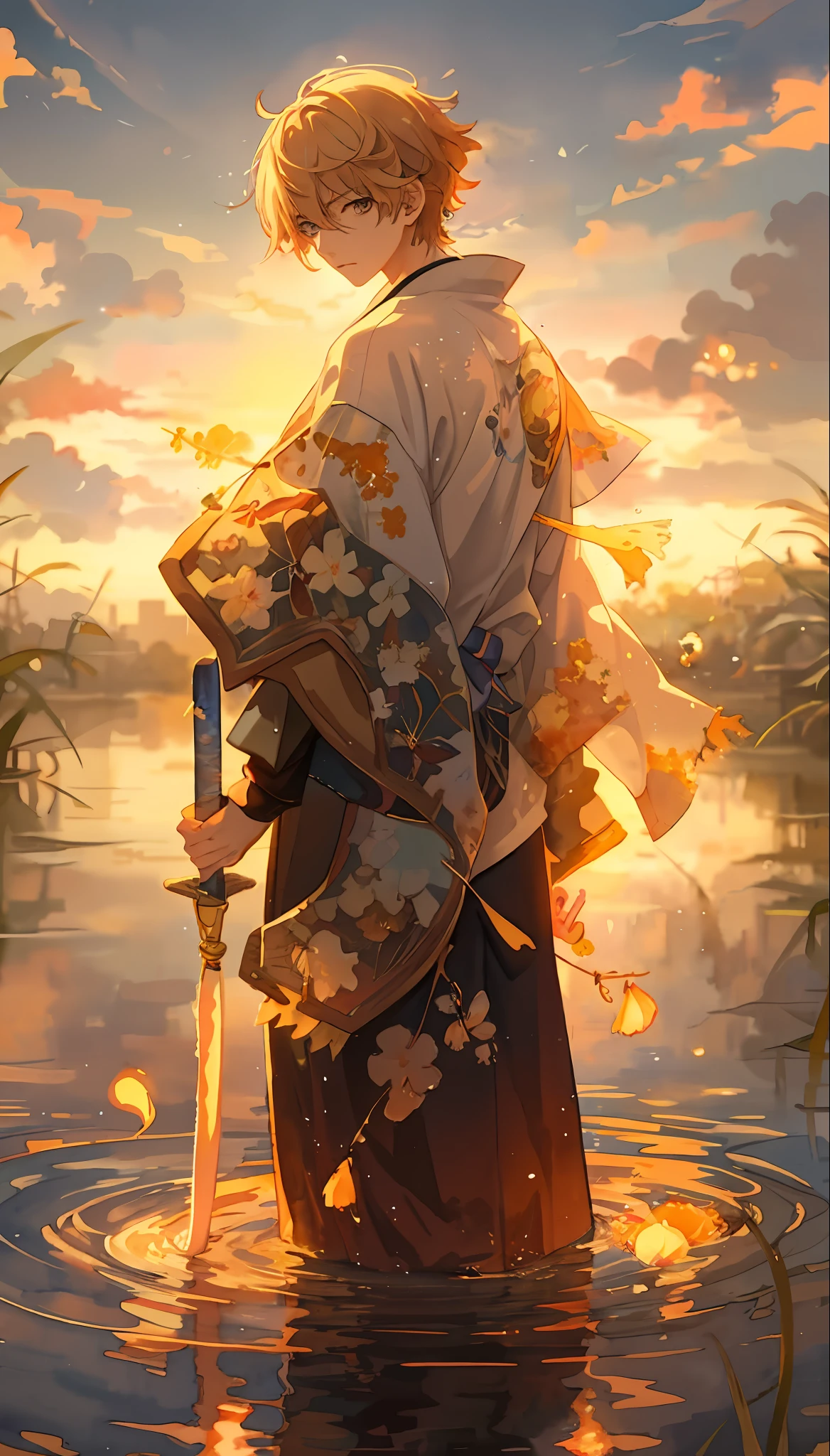 anime, anime boy, water, water, sunset, water, watercolor, watercolor, watercolor, watercolor, watercolor, watercolor, watercolor, guvez style artwork, beautiful anime artwork, trend in art station pixiv, cheng xinjing, guvitz in pixiv art station, guvez in art station pixiv