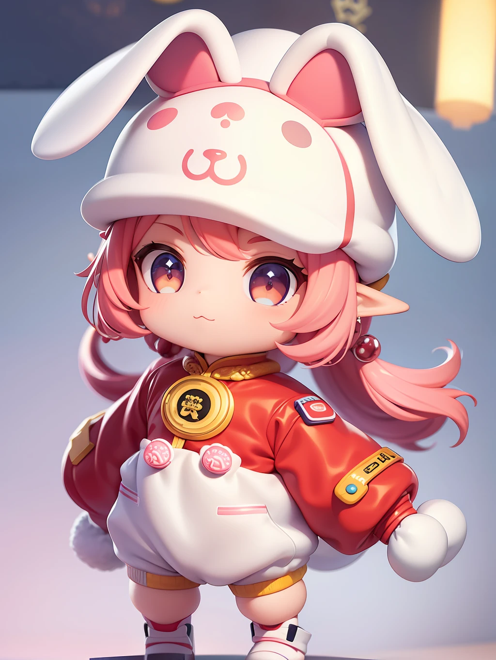 PopMart blind box IP, Chinese zodiac, super cute boy wearing rabbit shaped hat, technological elements, fashionable clothes, streamlined 3D/C4D production: 8K HD picture quality/lighting/ultra-fine lens depiction 1.5, flawless, chibi background/cinematic sense.