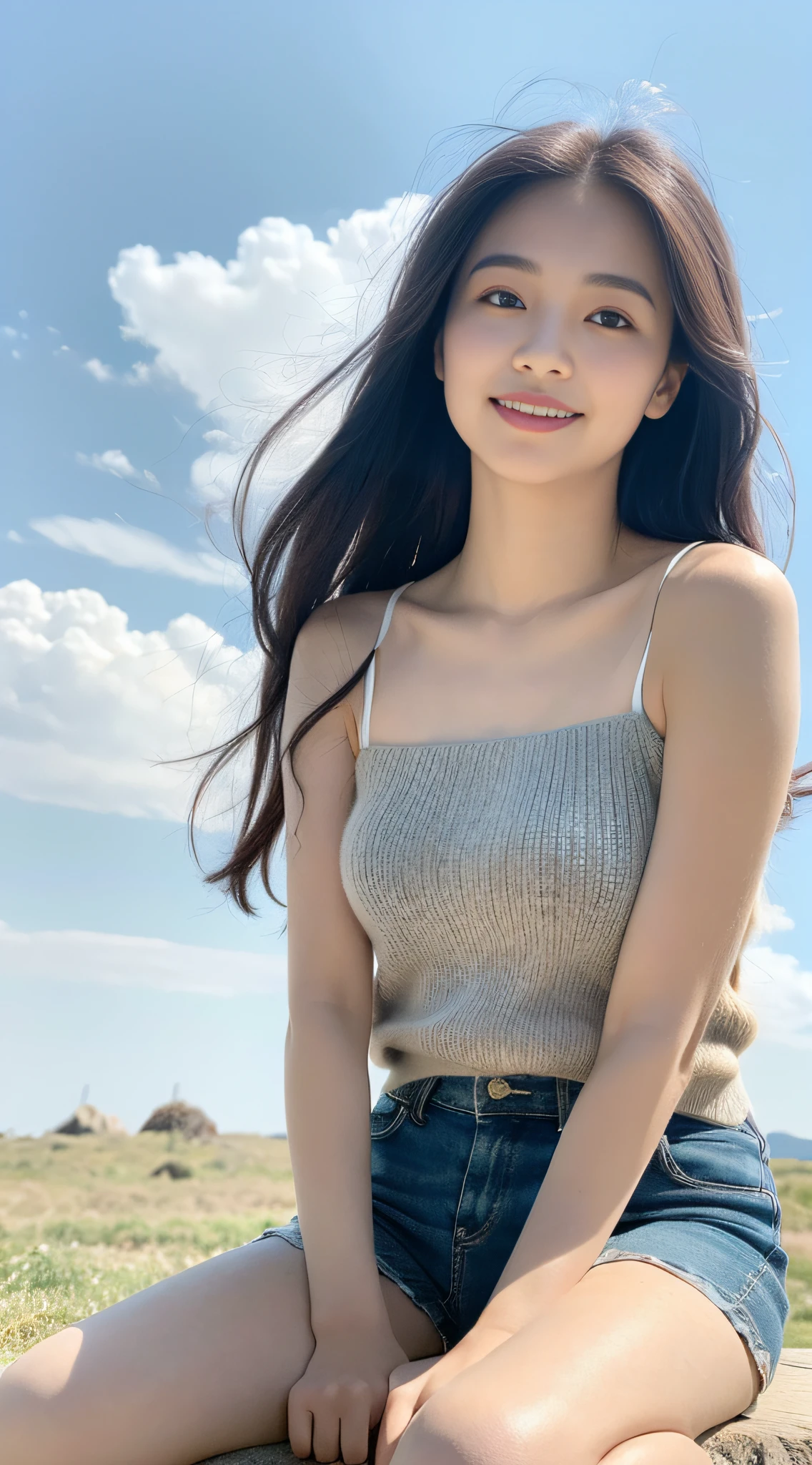 ((Best Quality, 8K, Masterpiece: 1.3)), 1girl, (Negative Space, knitted shoulders), Shorts, Full Body, Long Hair, Super Fine Face, Delicate Eyes, Double Eyelids, Light Smile, On the Prairie, Sitting Casually, Blue Sky and White Clouds