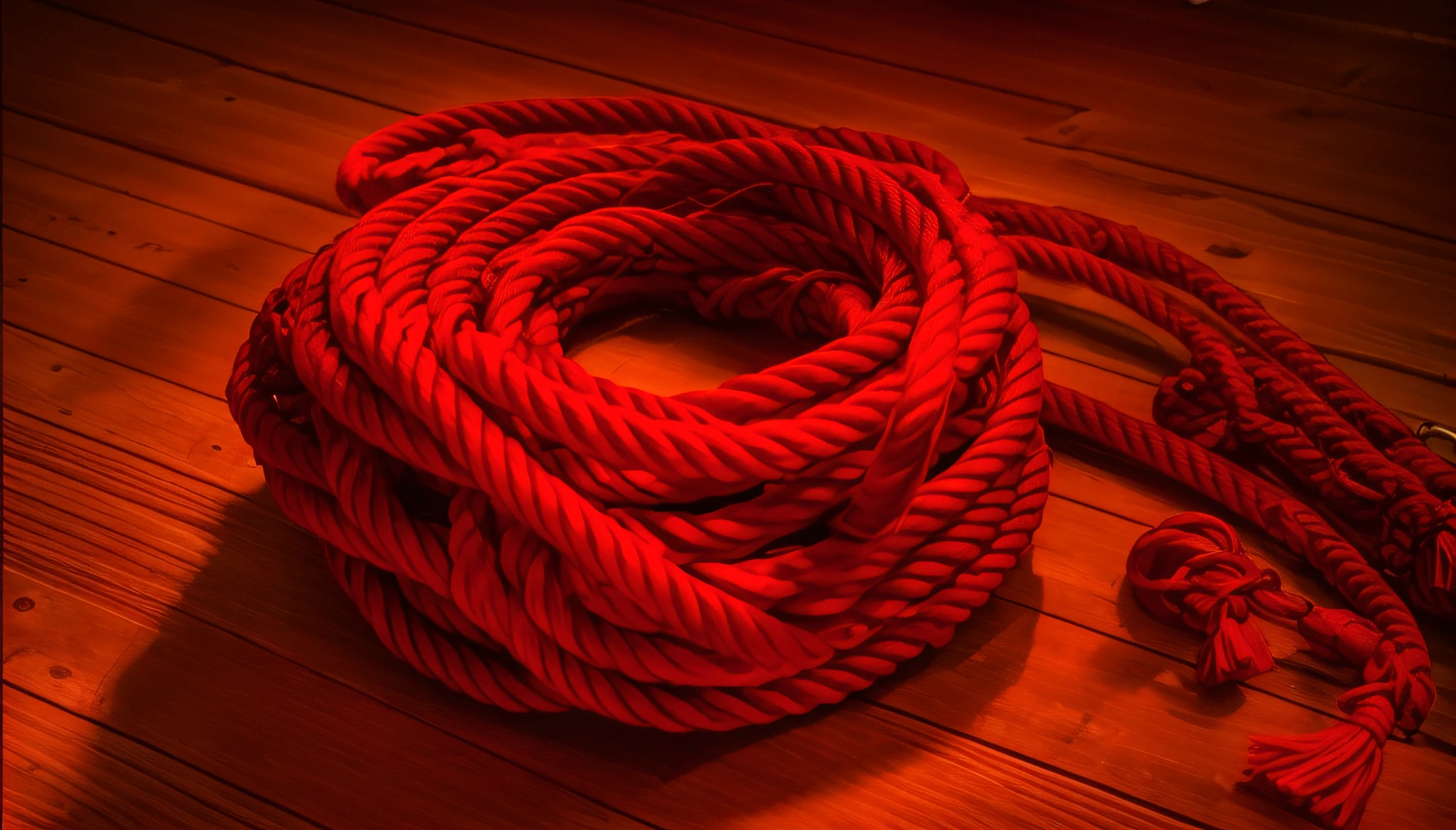 a close up of a red rope on a wooden floor, ropes, rope bondage, rope, ropes and chains, shibari, hanging rope, strangled with rope, red flesh strings, red wires wrap around, intense knowledge, by Kazimierz Wojniakowski, very intense, cords, floggers, red, red colored