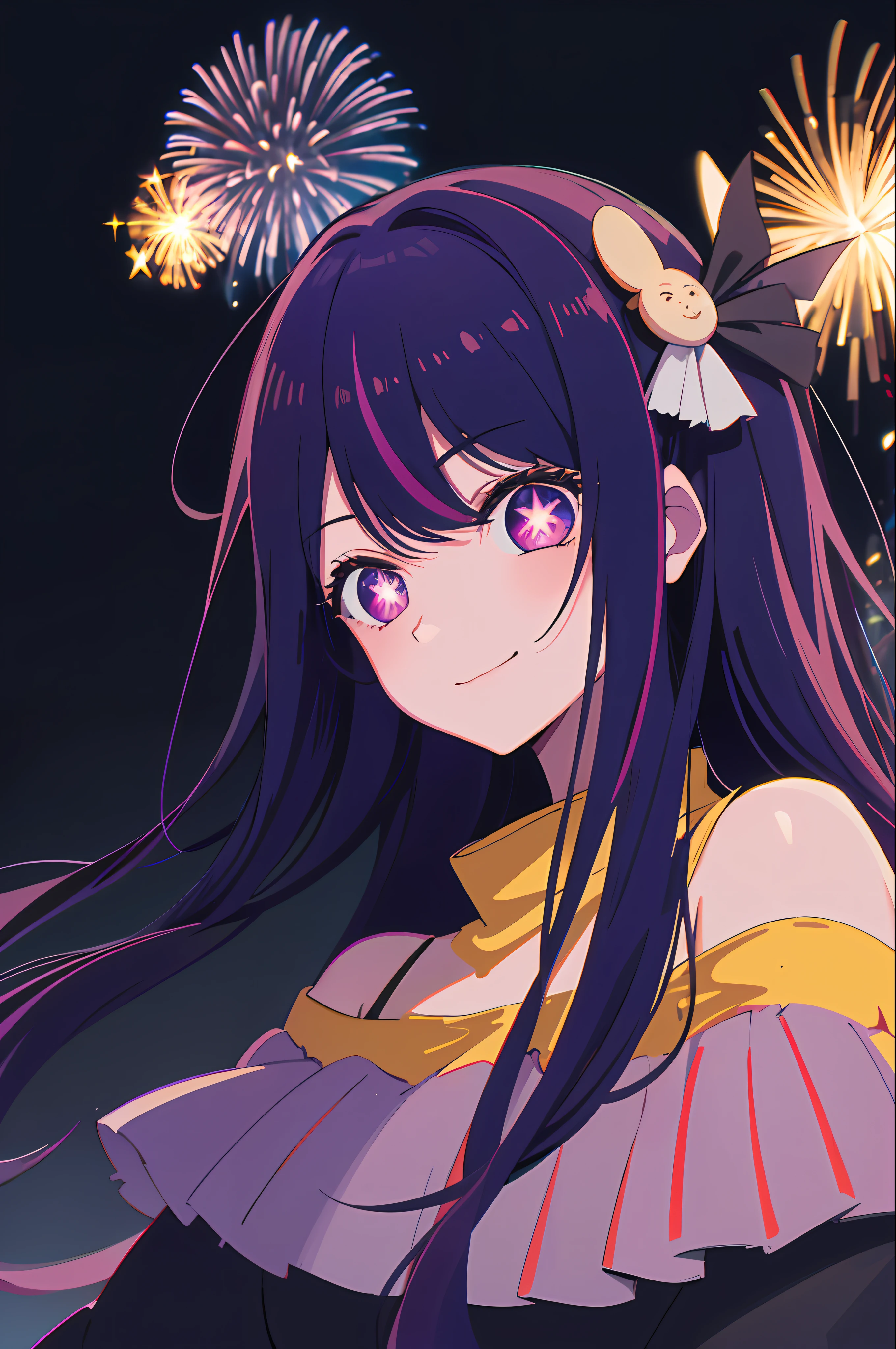 (masterpiece, best quality), ((1girl, (mature), Hoshino Ai, ), (purple hair, long hair, streaked hair, beautiful hair, hair ornament), (purple eyes, star-shaped pupils, +_+, symbol-shaped_pupils, sparkling_eyes, beautiful eyes, eye highlights, sharp eyes), (looking at the viewer, slight smile, off shoulder)), (simplier background, dark background, fireworks), (highres, chromatic aberration), (),