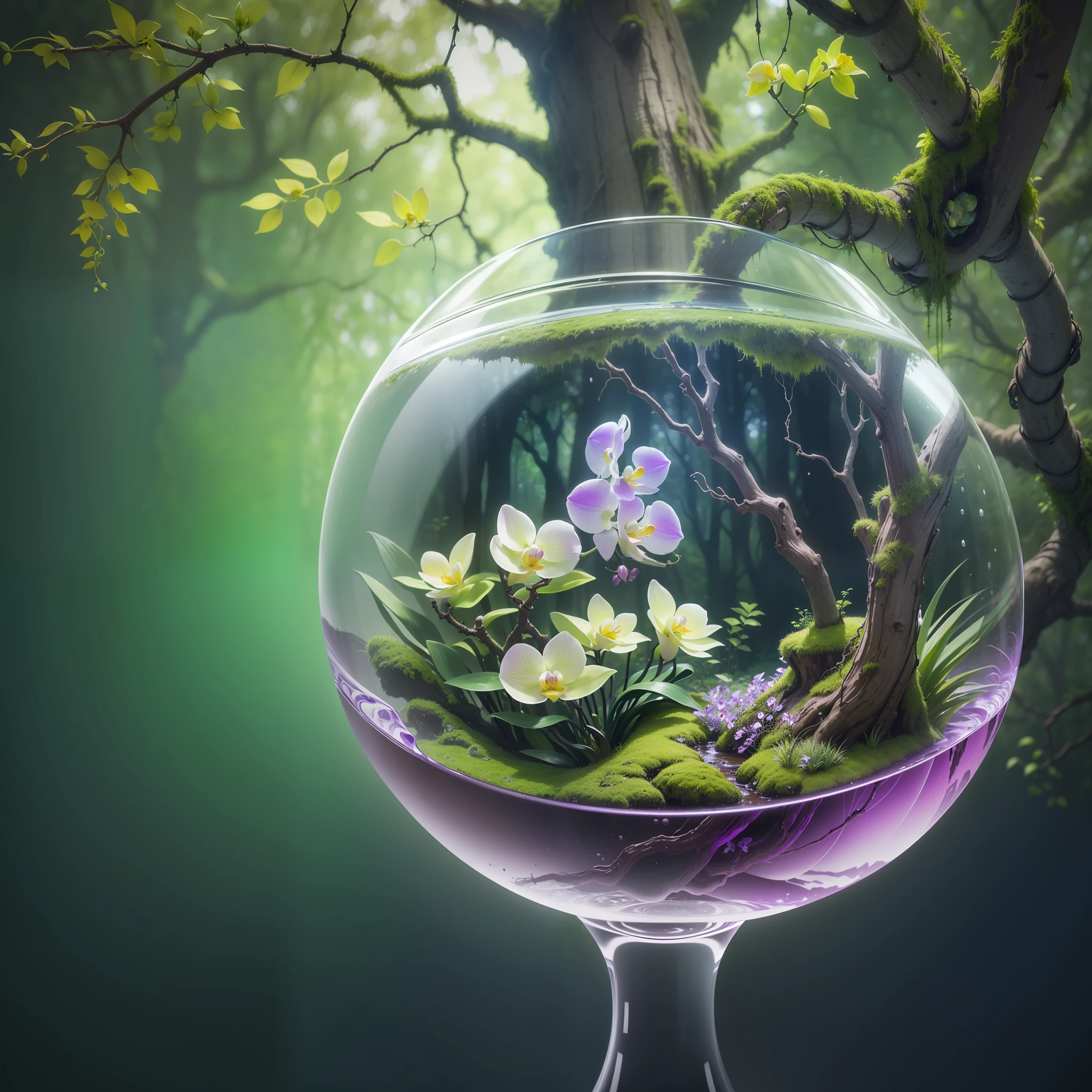 Computer Visualized Graphics, Realistic Fantasy, Extensive Landscape Ultrasound Photography (general view showing a glass glass, roots braiding the glass, an orchid inside, a tree, moss), blurred background, gloomy, yellow, green, purple background, pink, warm, magic --auto --s2