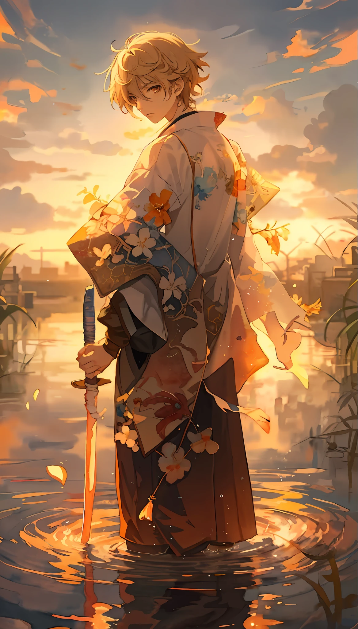 anime, anime boy, water, water, sunset, water, watercolor, watercolor, watercolor, watercolor, watercolor, watercolor, watercolor, guvez style artwork, beautiful anime artwork, trend in art station pixiv, cheng xinjing, guvitz in pixiv art station, guvez in art station pixiv