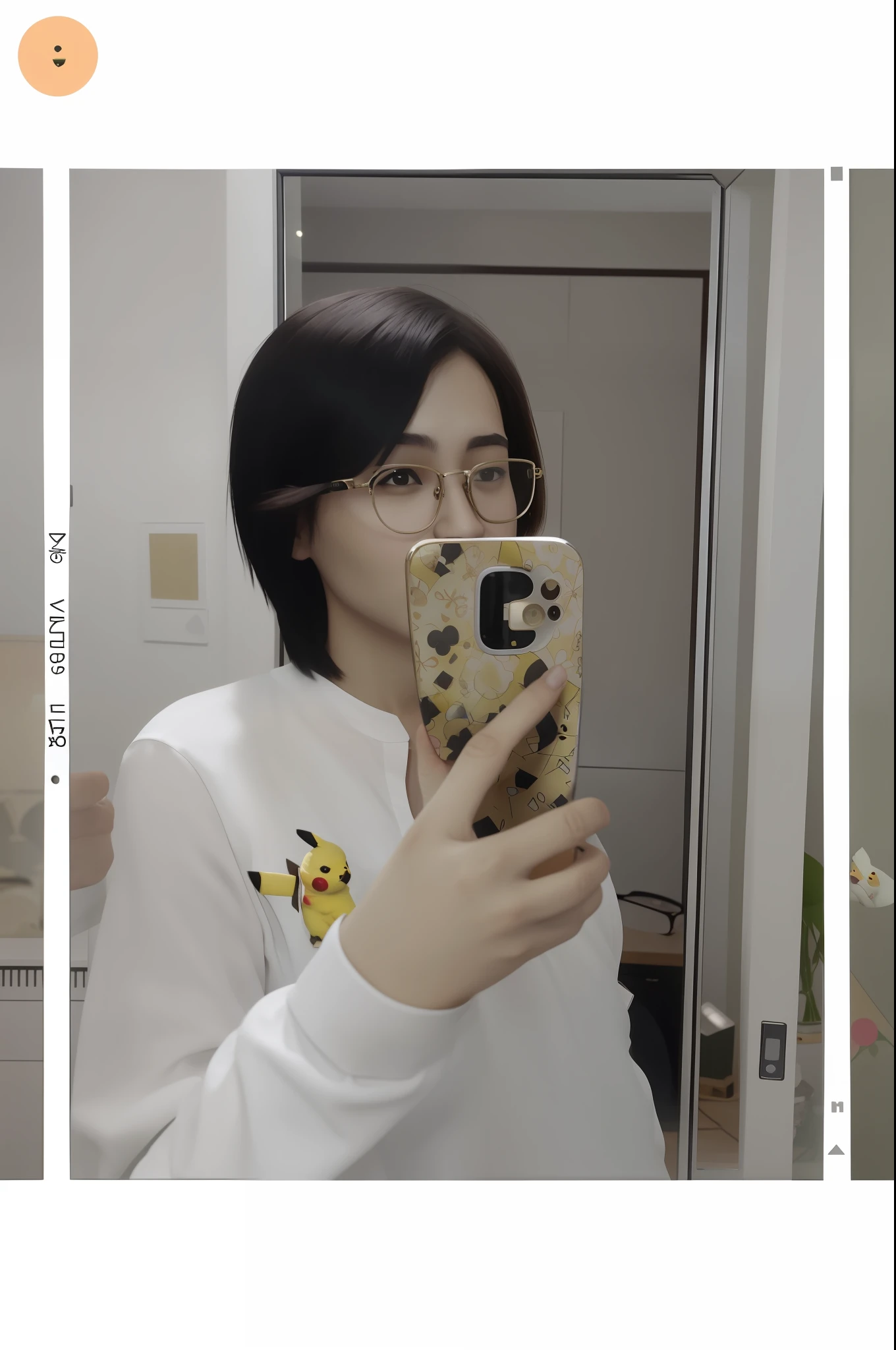 There is a girl wearing metal-framed glasses taking a selfie in the mirror, short hair, handsome girl, mobile phone covering her mouth, wearing a white blouse with Pikachu print on her chest