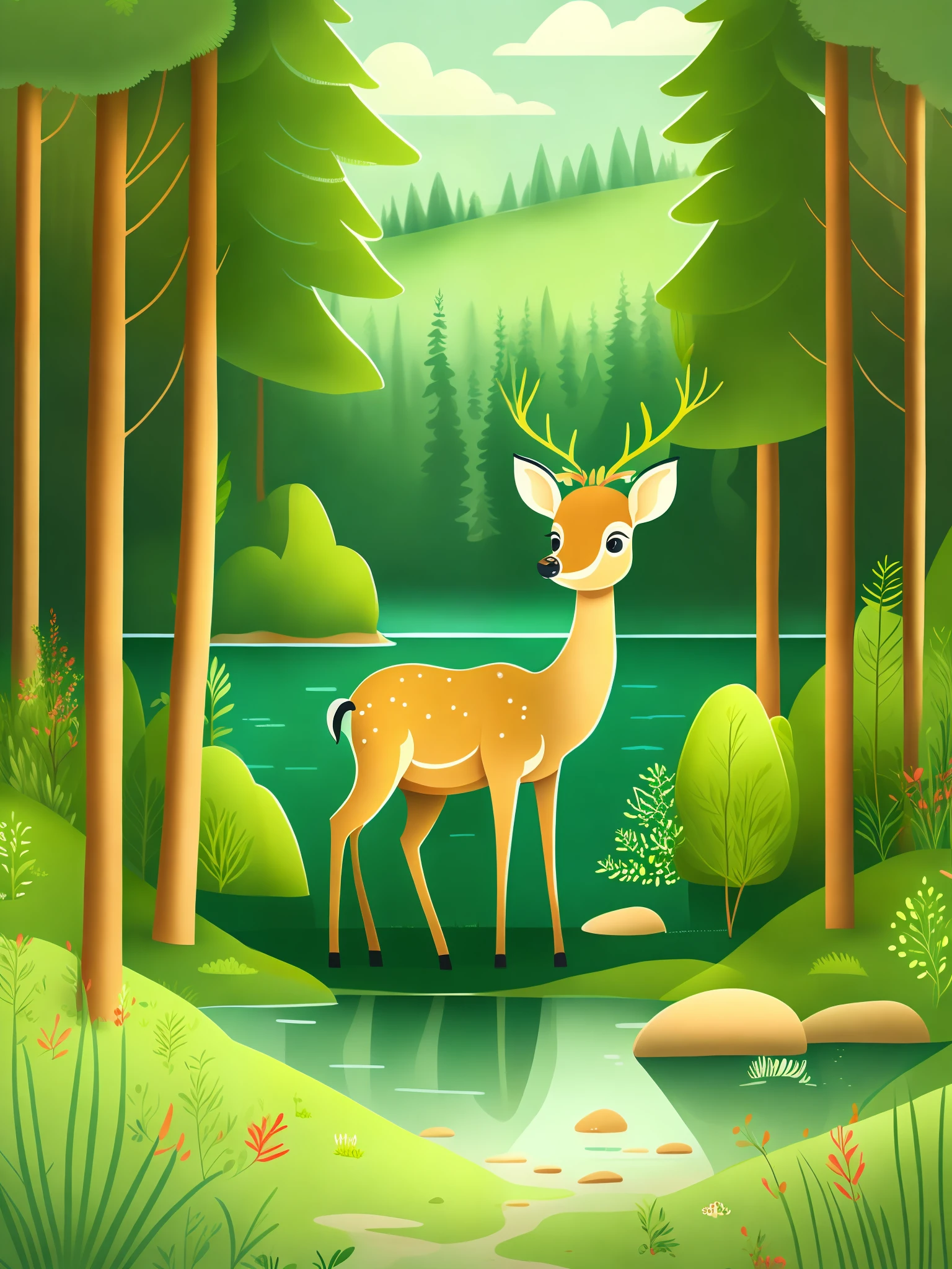 a clever and small deer, green forest, lake, children's drawing.