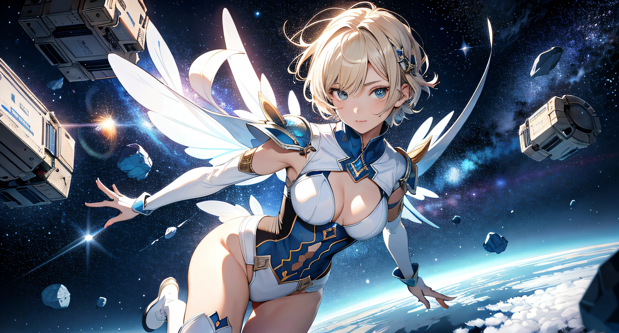 Absurd resolution, high resolution, (masterpiece: 1.4), super detailed, girl one, from above, futuristic, psychic powers, legend, universe, floating, blonde, petite, short hair, space-time, long boots, white and blue costume, elbow-length gloves