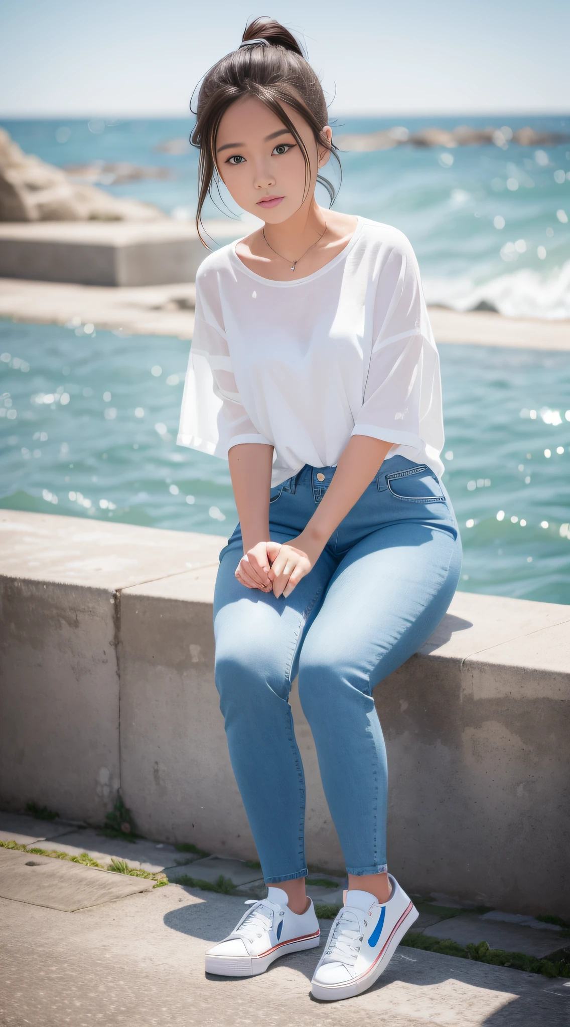 there is a woman sitting on a ledge by the water, white shirt and blue jeans, wearing elegant casual clothes, white shirt and jeans, skinny waist and thick hips, casual pose, wearing jeans, wearing a white blouse, jeans and t shirt, wearing casual clothes, pale blue outfit, elegant girl in urban outfit, wearing casual clothing, kawaii shirt and jeans