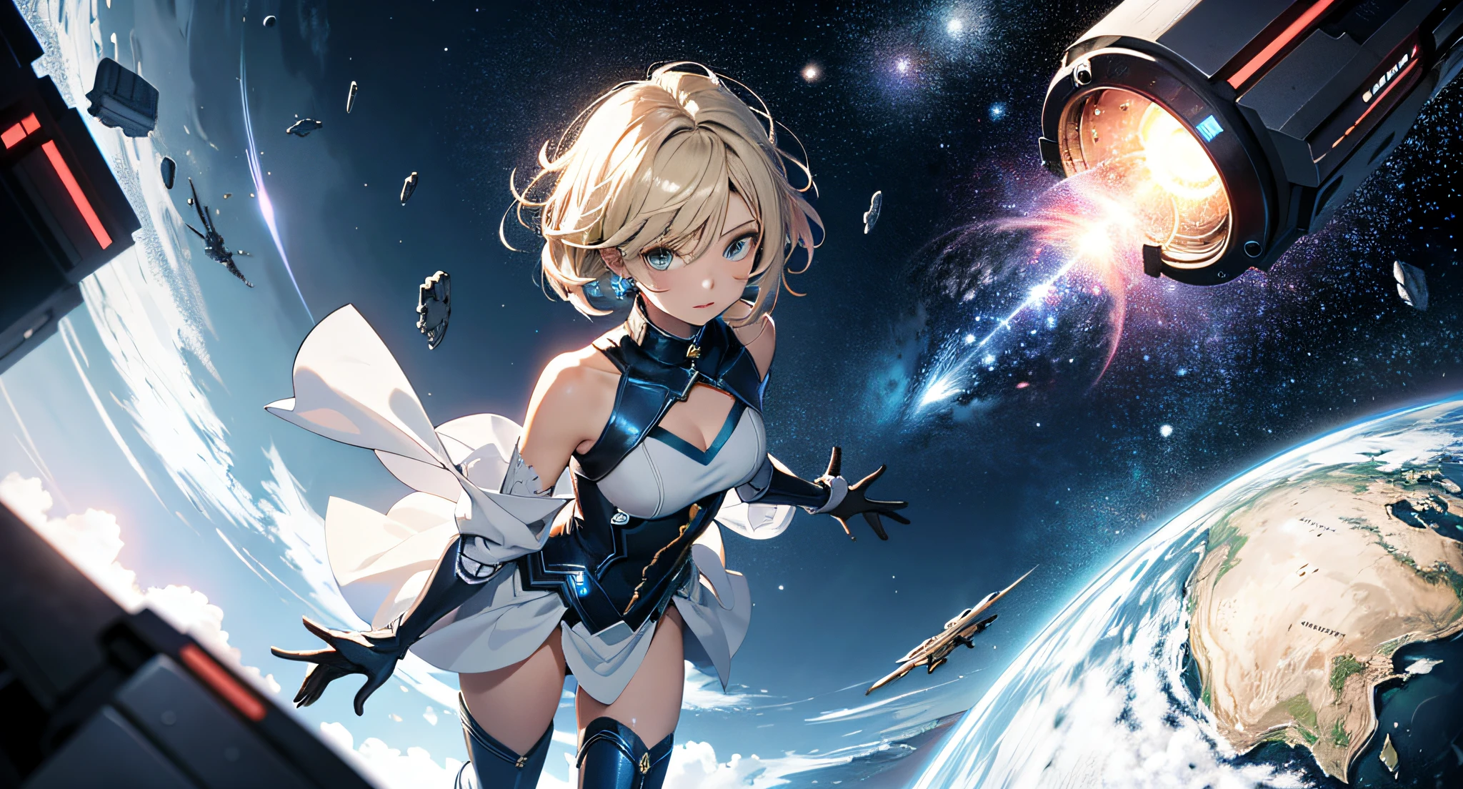Absurd resolution, high resolution, (masterpiece: 1.4), super detailed, girl one, from above, futuristic, psychic powers, legend, universe, floating, blonde, petite, short hair, space-time, long boots, white and blue costume, elbow-length gloves