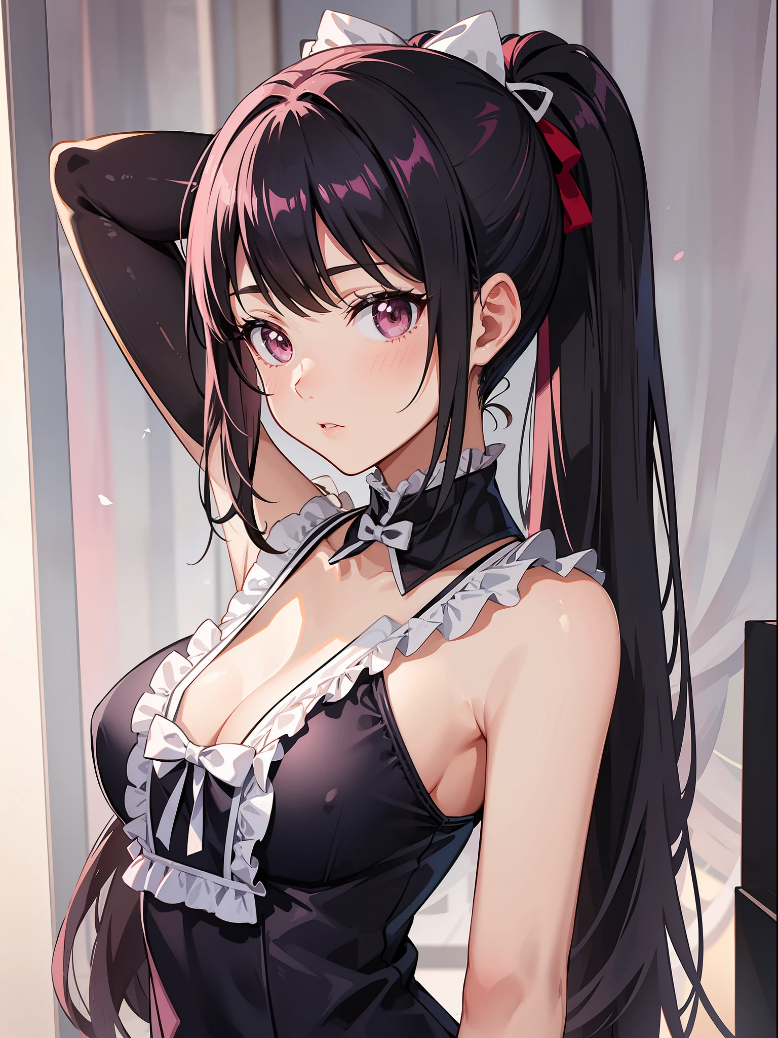 {Japan slender beauty}, maid, pink school swimsuit, high definition, top quality, super detail, wedge, fine detail, no blush, ponytail