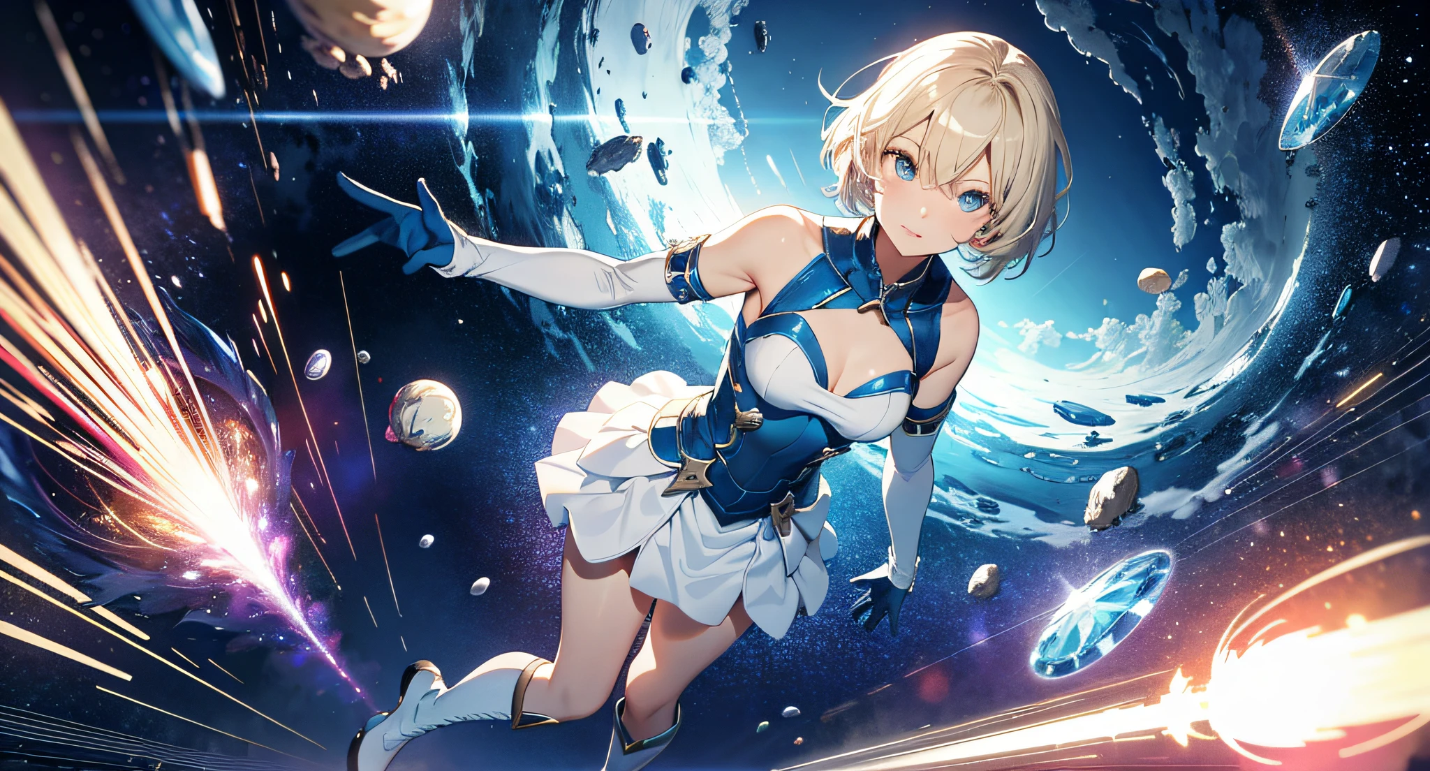 Absurd resolution, high resolution, (masterpiece: 1.4), super detailed, girl one, from above, futuristic, psychic powers, legend, universe, floating, blonde, petite, short hair, space-time, long boots, white and blue costume, elbow-length gloves