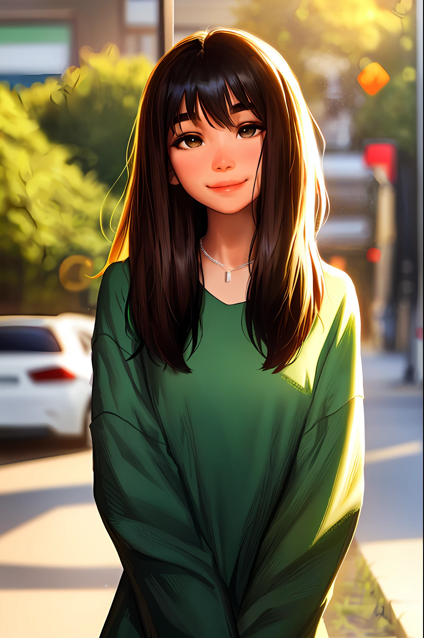 Sam Yang,
1girl, bangs, black hair with green tips, black shirt, medium hair, blurred, blurred background, bokeh, brown eyes, brown hair, closed mouth, day, depth of field, hair between eyes, half-closed eyes, head tilt, jewelry, lips, long hair, long sleeves, looking at the viewer, multicolored hair, necklace, nose, outdoor, shirt, smile, solo, thick eyebrows, two-tone hair, upper body
, (((masterpiece))