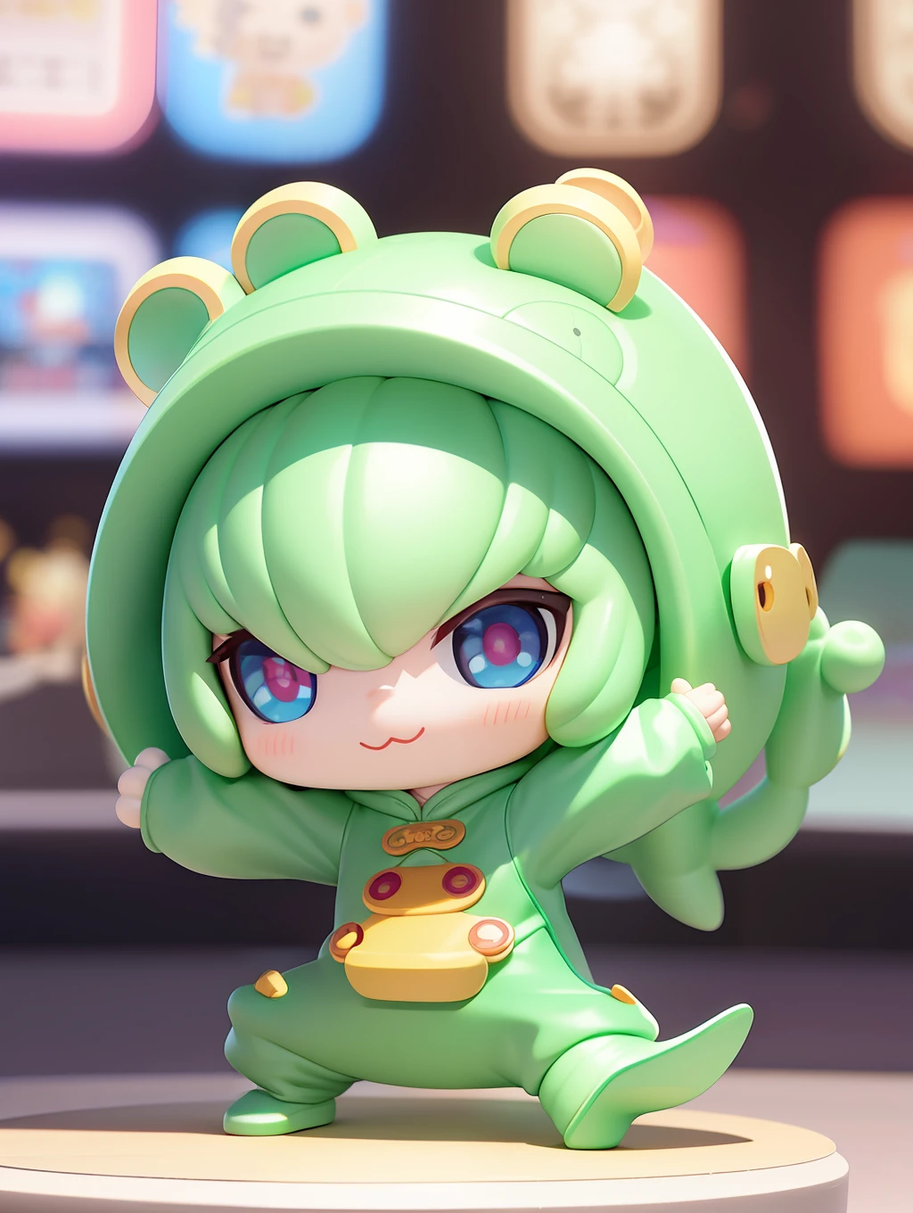 PopMart blind box IP, Chinese zodiac, super cute boy wearing one-piece crocodile shape clothes, technological elements, fashionable clothes, streamlined 3D/C4D production: 8K HD picture quality/lighting/ultra-fine lens depiction 1.5, flawless, chibi background/cinematic sense.