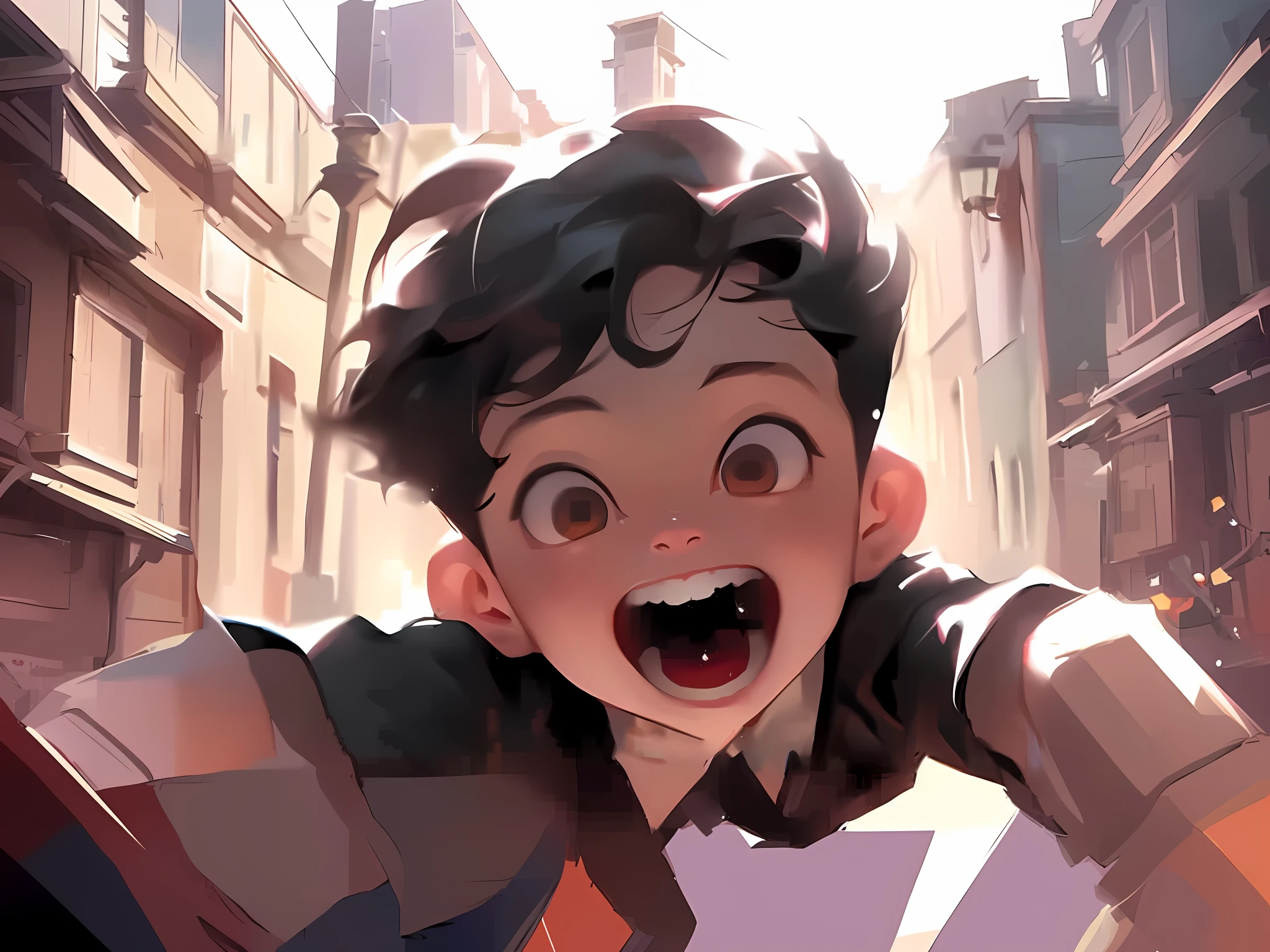 there is a cartoon boy with a surprised look on his face, artwork in the style of guweiz, adorable digital painting, ross tran style, guweiz, ross tran!!!, guweiz masterpiece, by Yanjun Cheng, inspired by Ross Tran, in the style of ross tran, animated film, concept art of single boy, ross tran and studio ghibli
