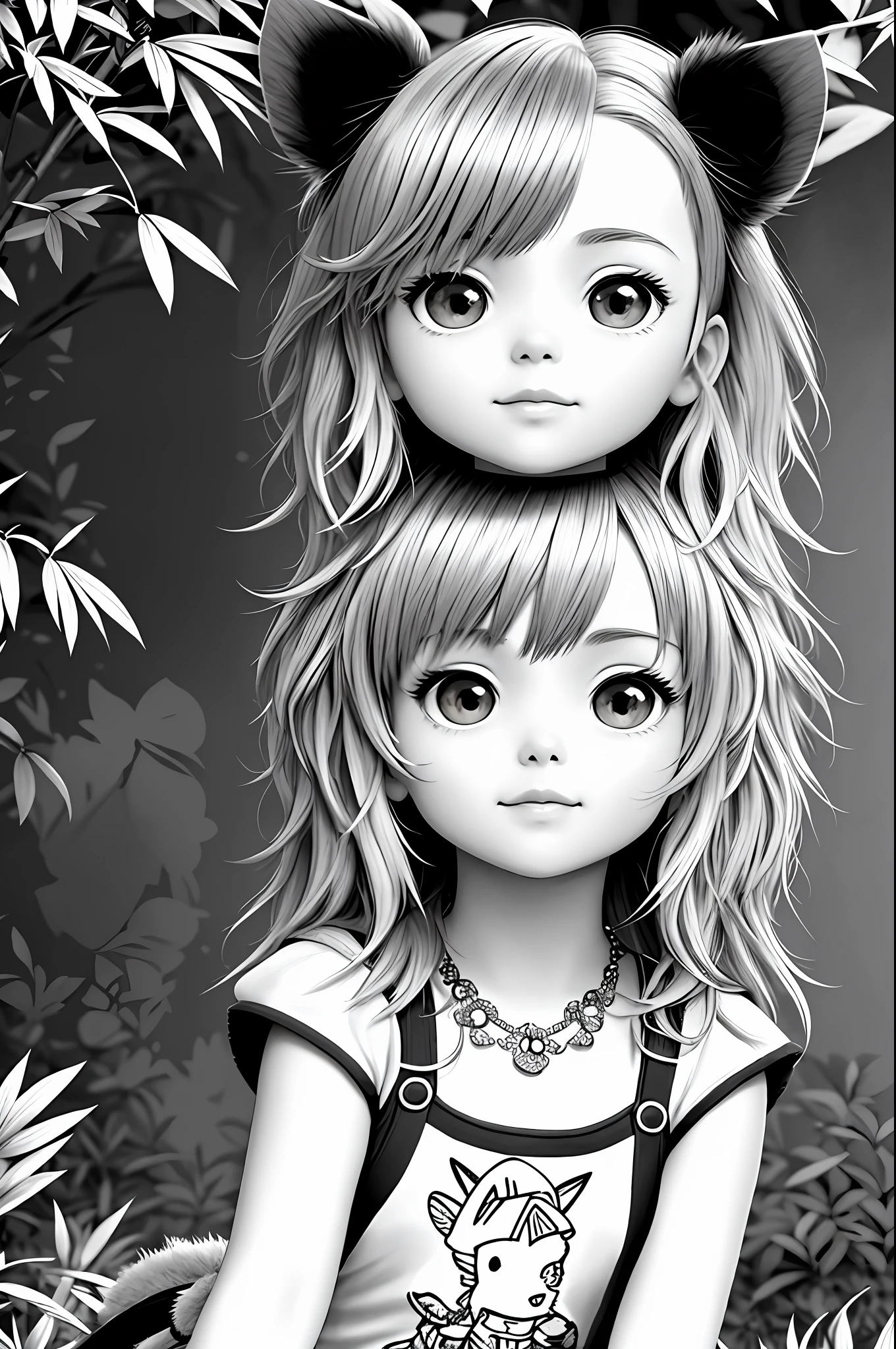 (hight definition, 8k, Highly detailed) Coloring book style, black and white, cute and fluffy chihuahua dog in flower garden and trees, Disney style, Pixar style, monochrome