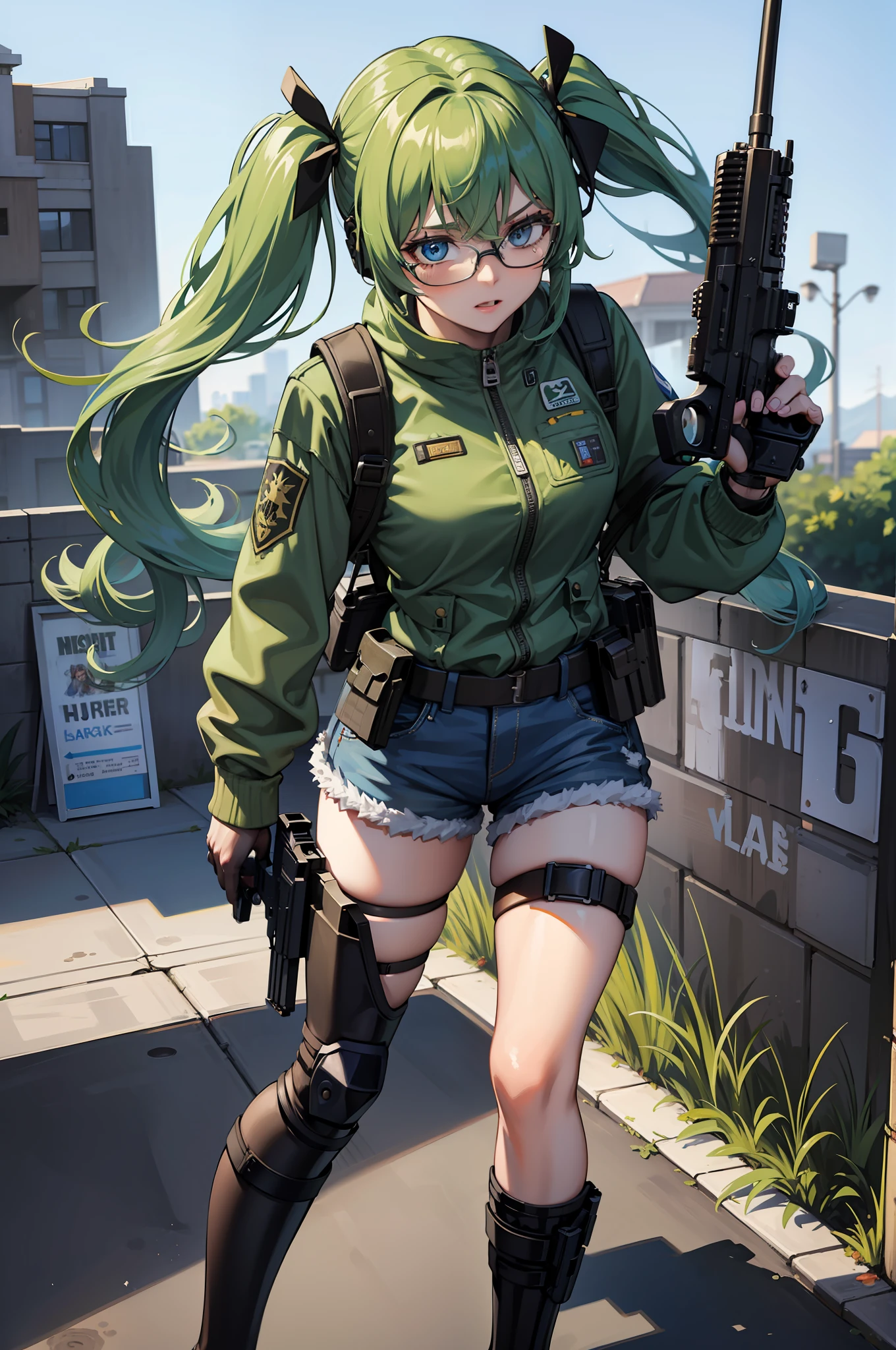 ((best quality)), ((masterpiece)), ((high res)), 1girl, assault rifle, blue eyes, full body, gloves, green hair, gun, handgun, headset, heckler & koch, holding and aiming gun, holding weapon, holster, kochiy sanae, m4 carbine, pistol, rifle, solo, submachine gun, suppressor, thigh holster, thigh strap, trigger discipline, weapon, glasses, twintails, medium hair