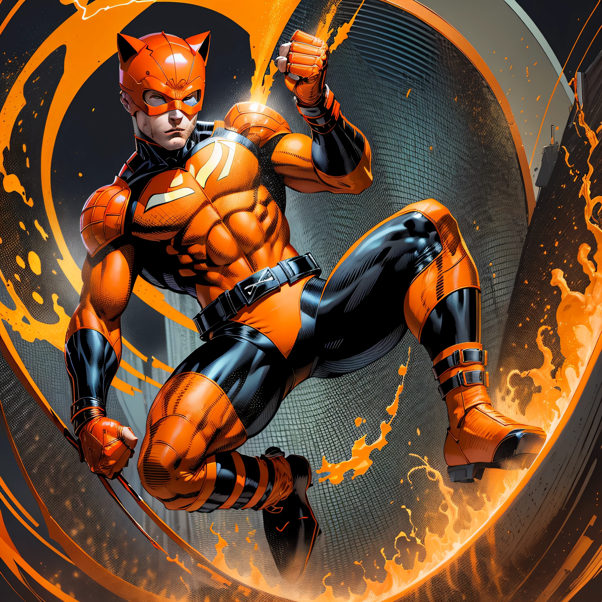 Beautiful young man of 22 years, orange mask with feline ear, orange brusa, black long sleeves, orange glove, orange belt, black pants, orange boot, Super Hero, full body, he is giving a kick, he is on his side, white background --3304890780