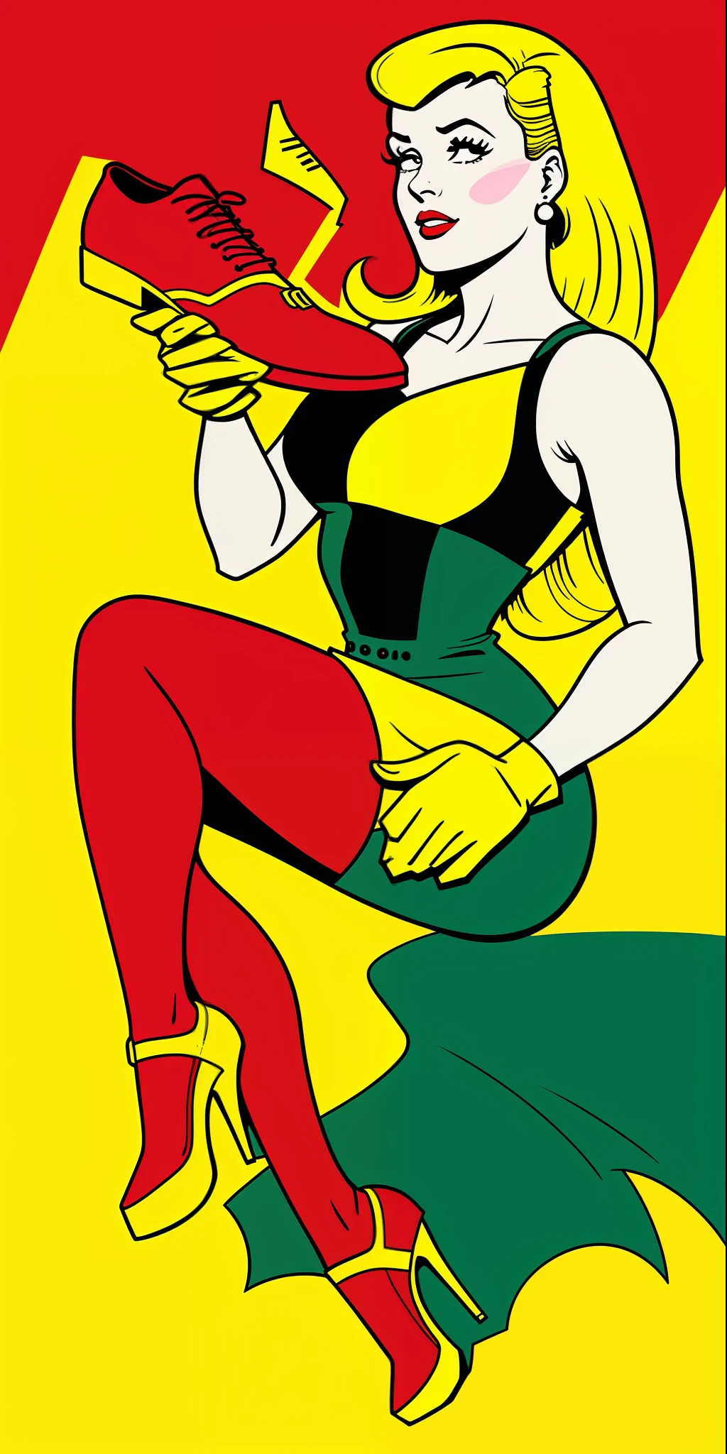 painting of a woman in a yellow dress holding a shoe, comic pinup style, screentone, full-body close-up shot, some red and yellow, digitally colored, digital comic book art, comic book style, inspired by Alberto Vargas, lowres, colorful comic book style, retro comic art style, multi layer colors