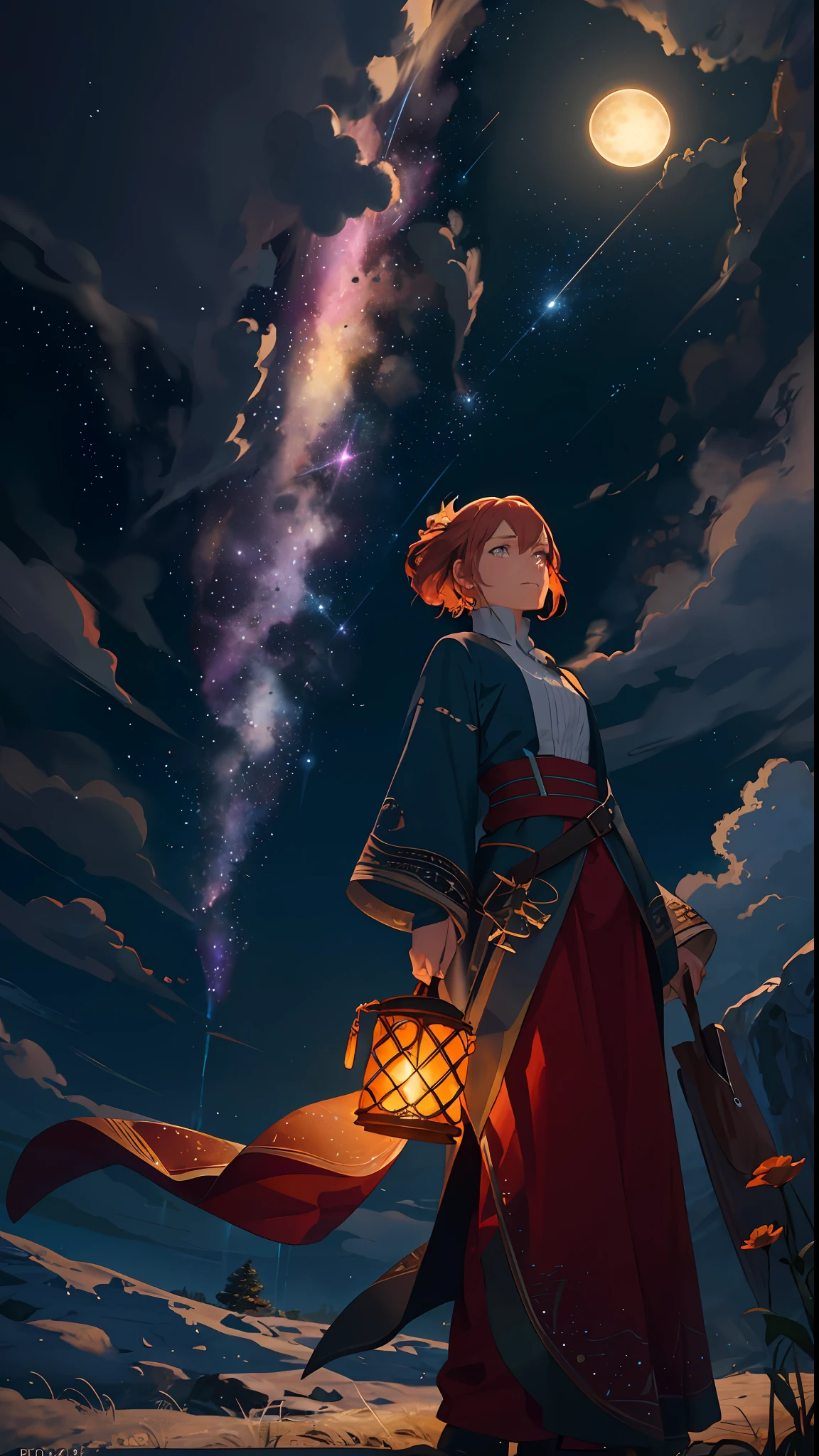 Photographs of vast landscapes, (from below, starry sky above, open fields below), elderly couple standing on a flower field looking up, (Full Moon: 1.2), (Meteor: 0.9), (Nebula: 1.3), Distant Mountains, Trees BREAK Making Art, (Warm Light Source: 1.2), (Firefly: 1.2), Lights, Lots of Purple and Orange, Intricate Detailing, Volumetric Lighting, Realism BREAK (Masterpiece: 1.2), (Best Quality), 4K, Ultra-Detailed, (Dynamic Composition: 1.4), Very Detailed, Colorful Detail, (Iridescent Color: 1.2), (Glow Illumination, Atmospheric Lighting), Dreamy, Magical, (Solo: 1.2)
