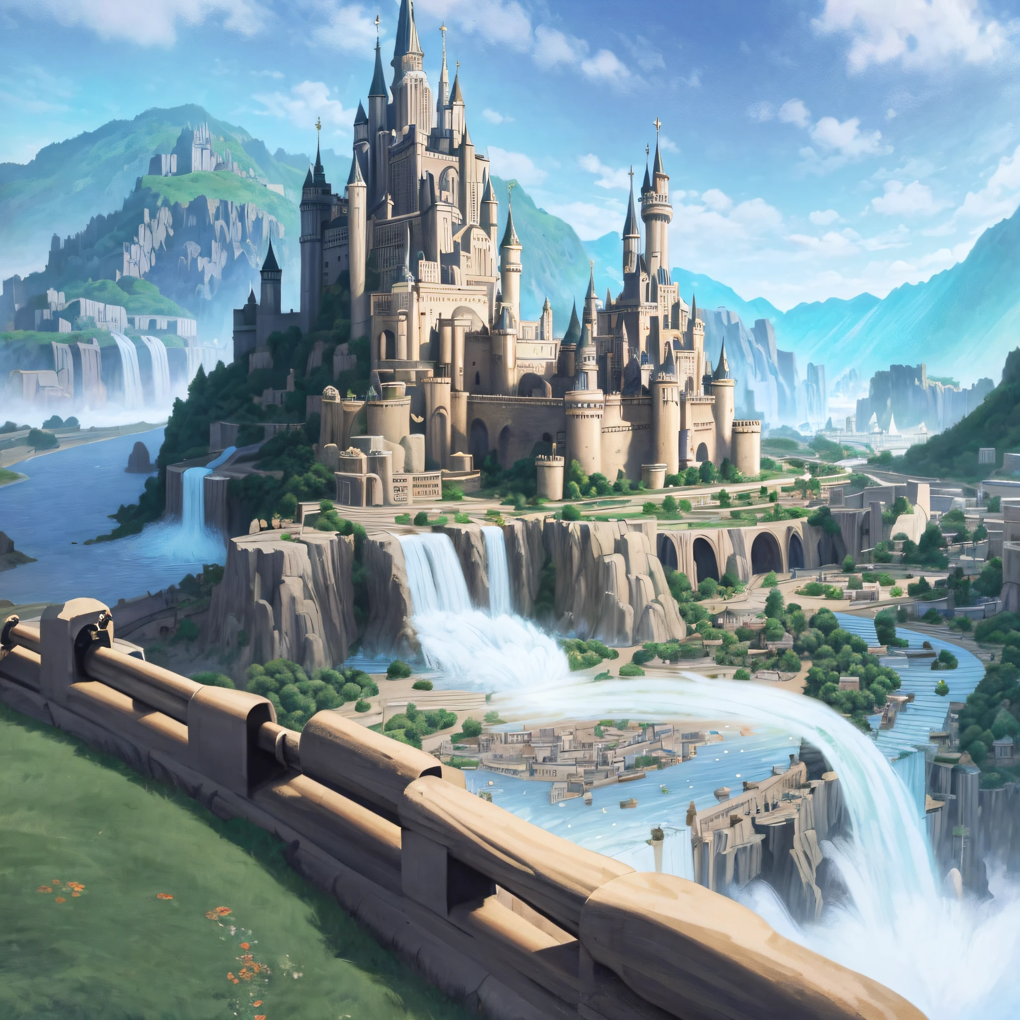 there is a large castle with a fountain in the middle of it, palace background, royal garden background, castle background, town center background, concept art highly detailed, gaslight fantasy capital city, zootopia concept art, town background, renaissance port city background, background artwork, anime scenery concept art, stylized concept art, highschool background, disney concept art, official concept art