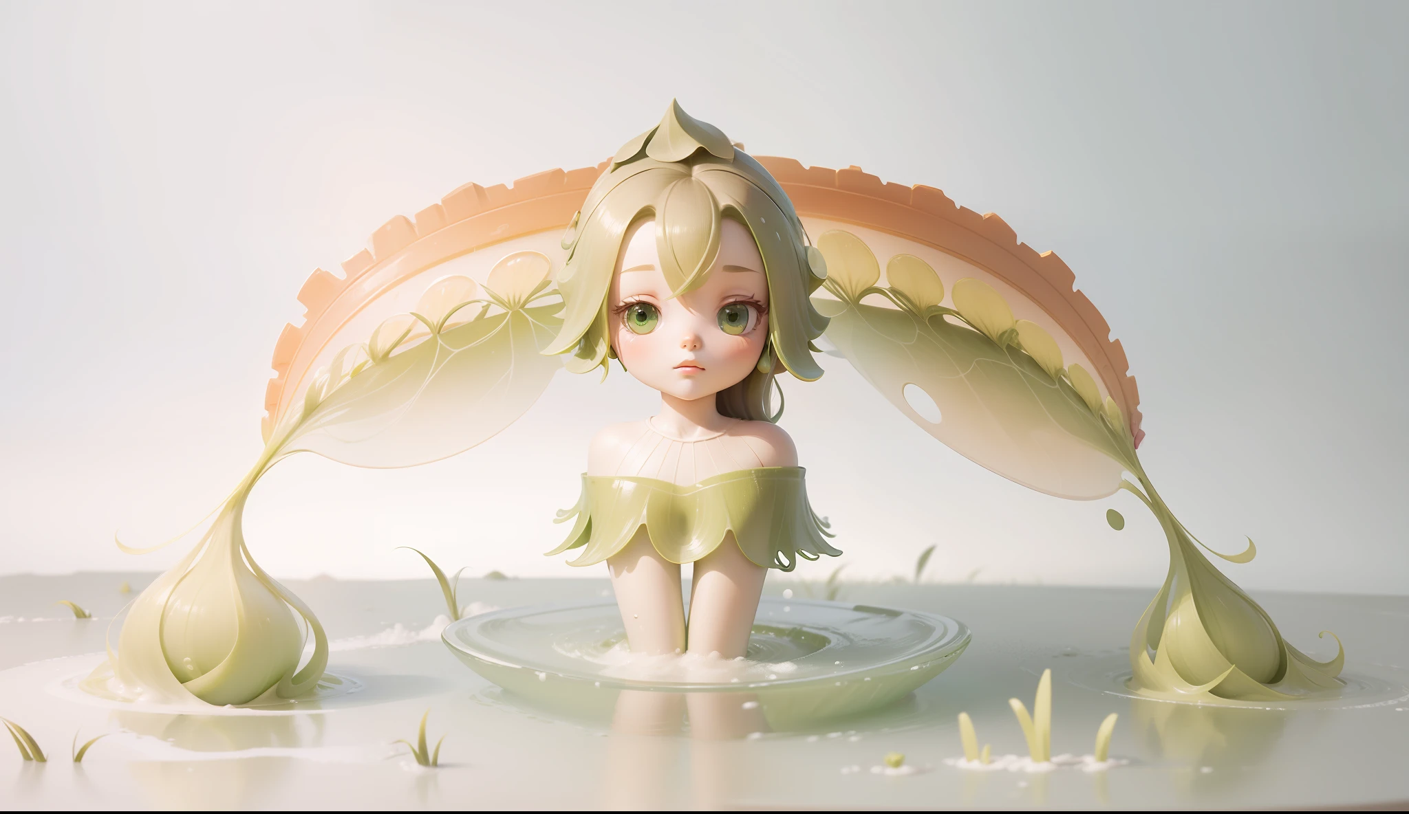4K, tide play style, grass girl, simplified design with dense changes, cute figure face, transparent texture material with fruit, --auto --s2