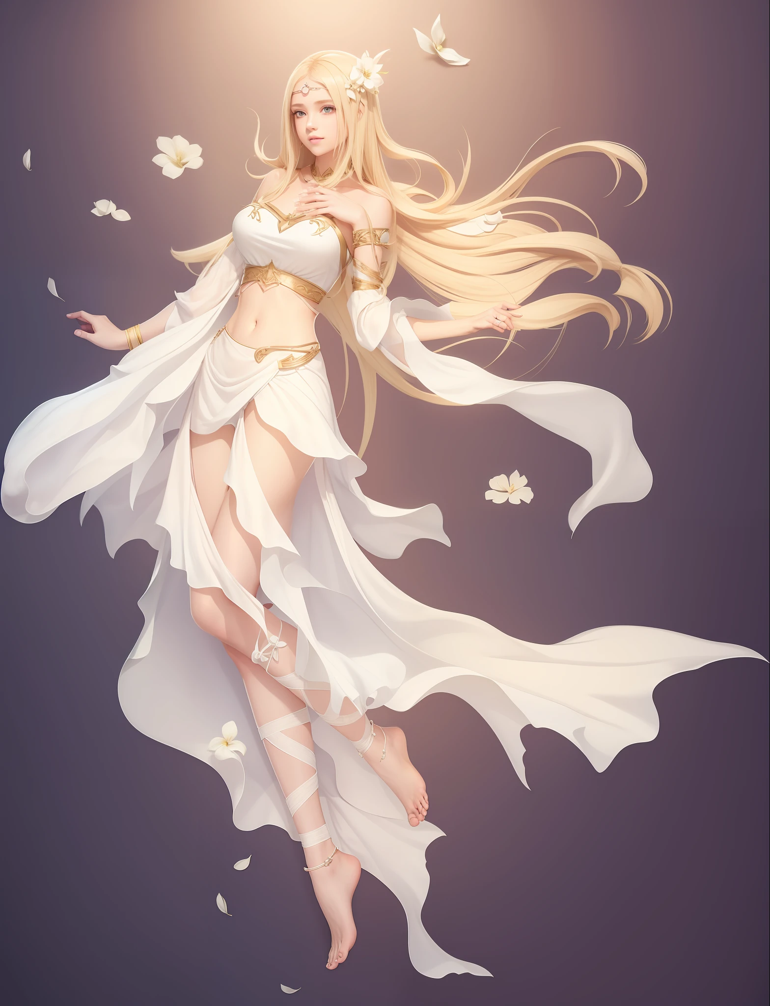 A beautiful girl, long blond hair, white crop top, dress, barefoot