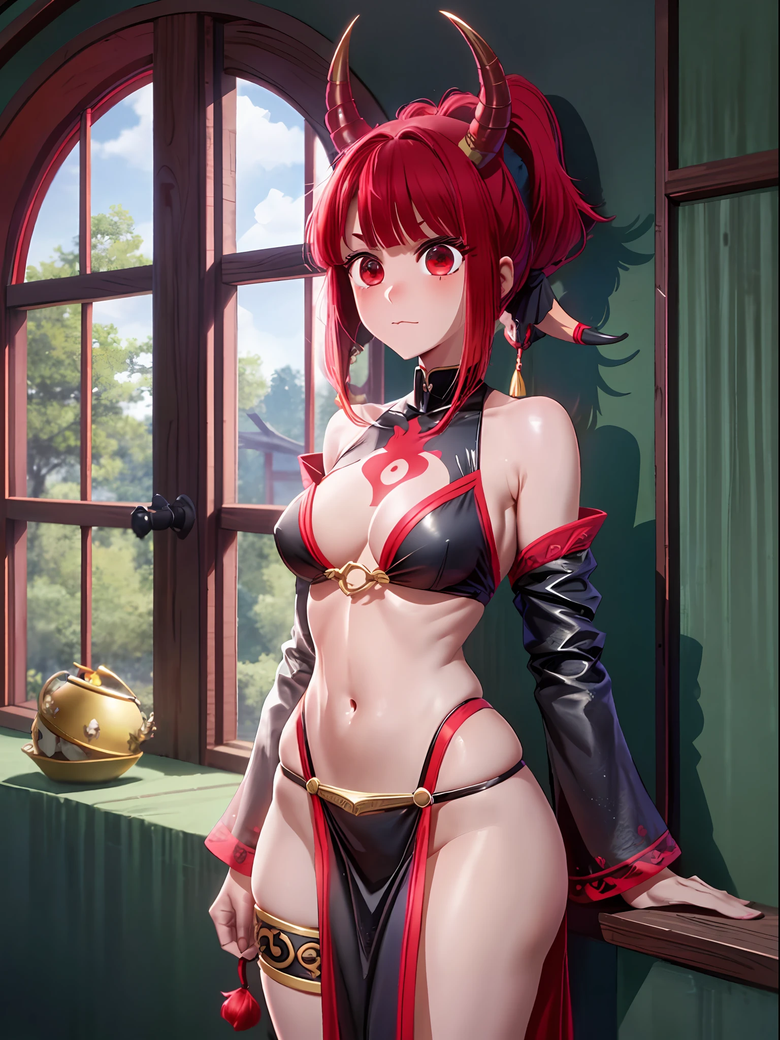 Kana Arima, red hair, red eyes, beautiful eyes, Indian woman, (ogre, one horn, bindu, short ponytail: 1.5), thick eyebrows, thin waist, small breasts, petite girl, horn in the middle of the head