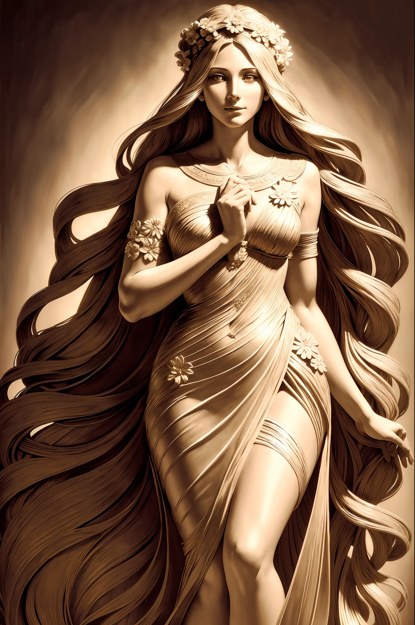 (analog:1.4), (concept art), poster of 1 female goddess, smile, gorgeous flowing hair, portrait, engraving, (3d floral human cameo), (with 2D frame), Decoratifs ,by Alphonse Mucha, (photorealistic:1.4), intricate, detailed,
(good anatomy, good proportions, good composition, award winning, best quality, masterpiece:1.45), good highlights, good shading, volumetric lighting, dark theme, (mature adult:1.3),