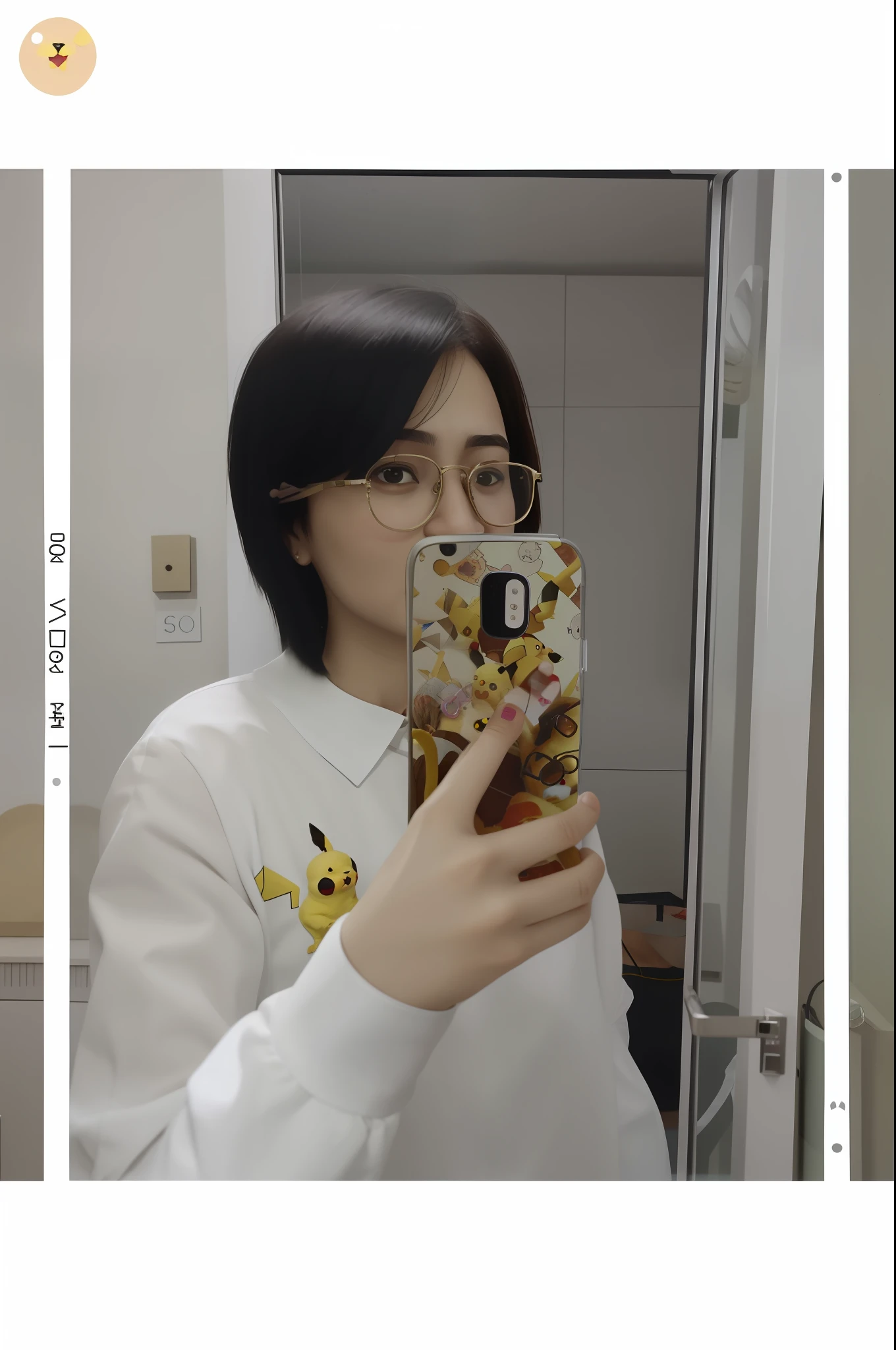 There is a girl wearing metal-framed glasses taking a selfie in the mirror, short hair, handsome girl, mobile phone covering her mouth, wearing a white blouse with Pikachu print on her chest