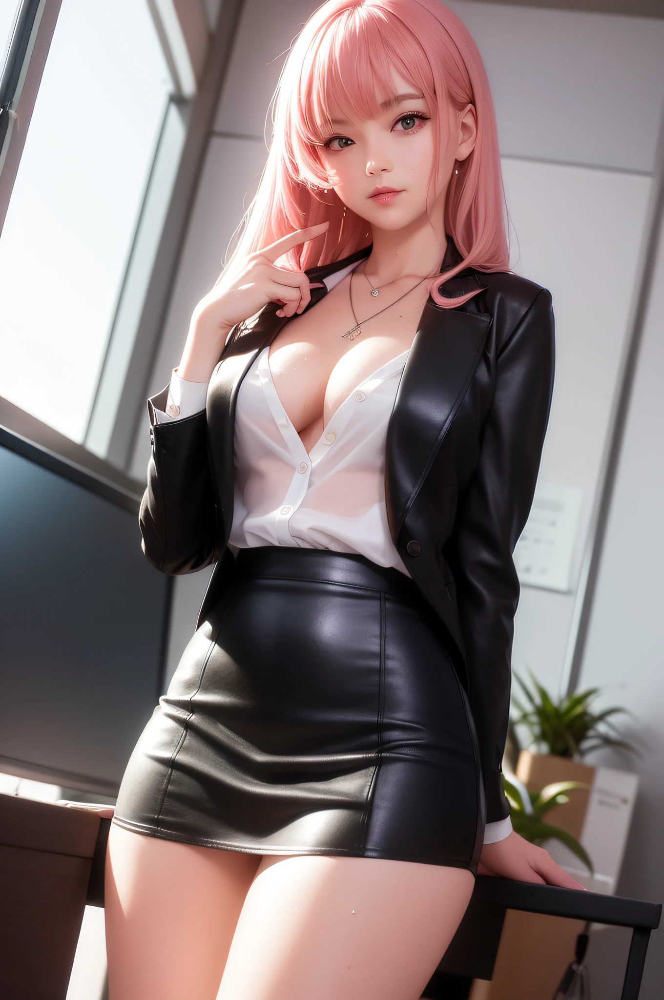 masterpiece, best quality, real, 1girl, open legs on desk, (sexy office lady, wet and sheer white shirt,no bra,tight mini black leather skirt,white panties)), fancy necklace, thick thighs, c cup breasts, dress view, (PureErosFace_V1:0.6), pink hair