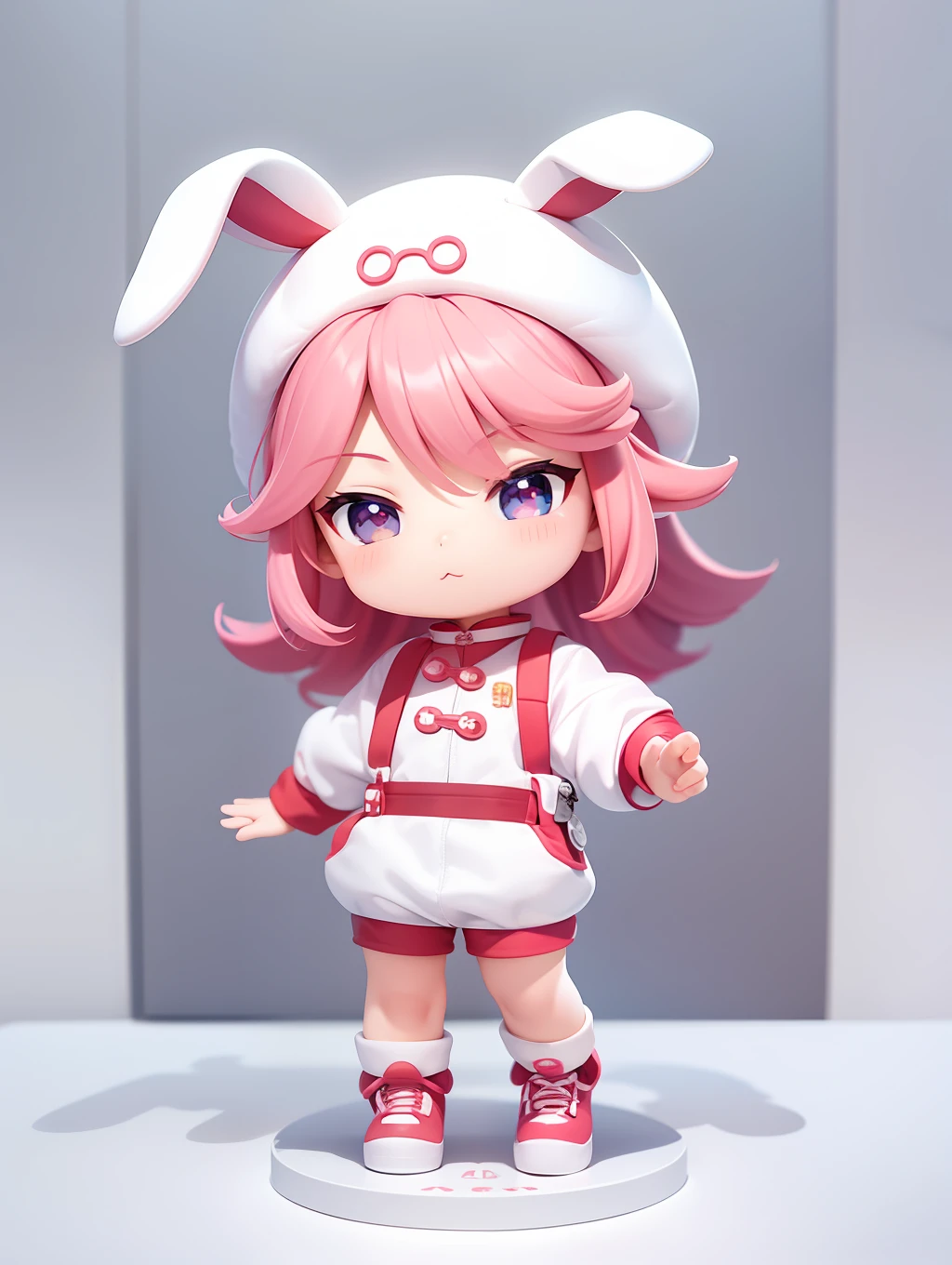 PopMart blind box IP, Chinese zodiac, super cute boy wearing rabbit shaped hat, technological elements, fashionable clothes, streamlined 3D/C4D production: 8K HD picture quality/lighting/ultra-fine lens depiction 1.5, flawless, chibi background/cinematic sense.