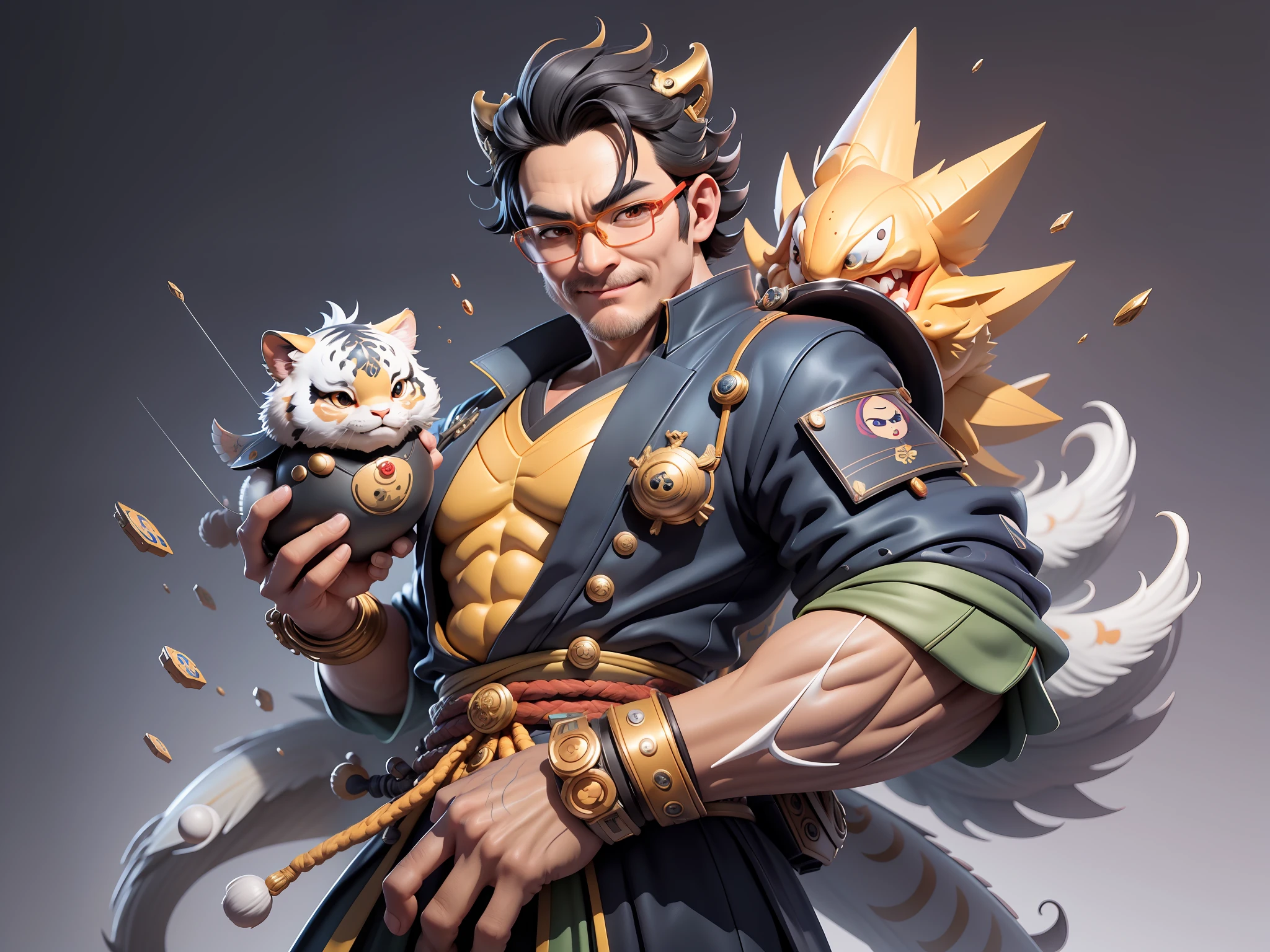 (Masterpiece), (Excellent), (Super Meticulous), (Full Body: 1.2), Super Young Man with Japanese Female Geisha, Pretty, Beautiful, Chinese Dragon, Tiger, Wind God Thor, Sexy, Bursting, Oriental Face, TV Anchor, Bust Portrait Illustration, Black Suit, Blue Tie, Slightly Chubby Face, Silver Glasses, Very Clean Face, No Beard on Chin, Black Super Short Hair, Black Eyes, Confident Smile, 3c Computer Sub-Products, iPad, iPhone, Digital Painting, 3D character design by Mark Clairedon and Pixar and Hayao Miyazaki and Akira Toriyama, the illustrations are HD illustrations in 4K resolution with highly detailed facial features and cartoon-style visuals.