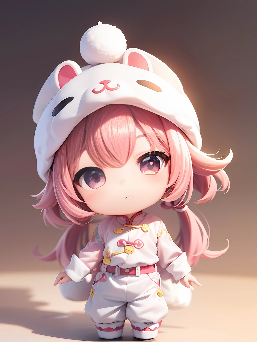 PopMart blind box IP, Chinese zodiac, super cute boy wearing rabbit shaped hat, technological elements, fashionable clothes, streamlined 3D/C4D production: 8K HD picture quality/lighting/ultra-fine lens depiction 1.5, flawless, chibi background/cinematic sense.