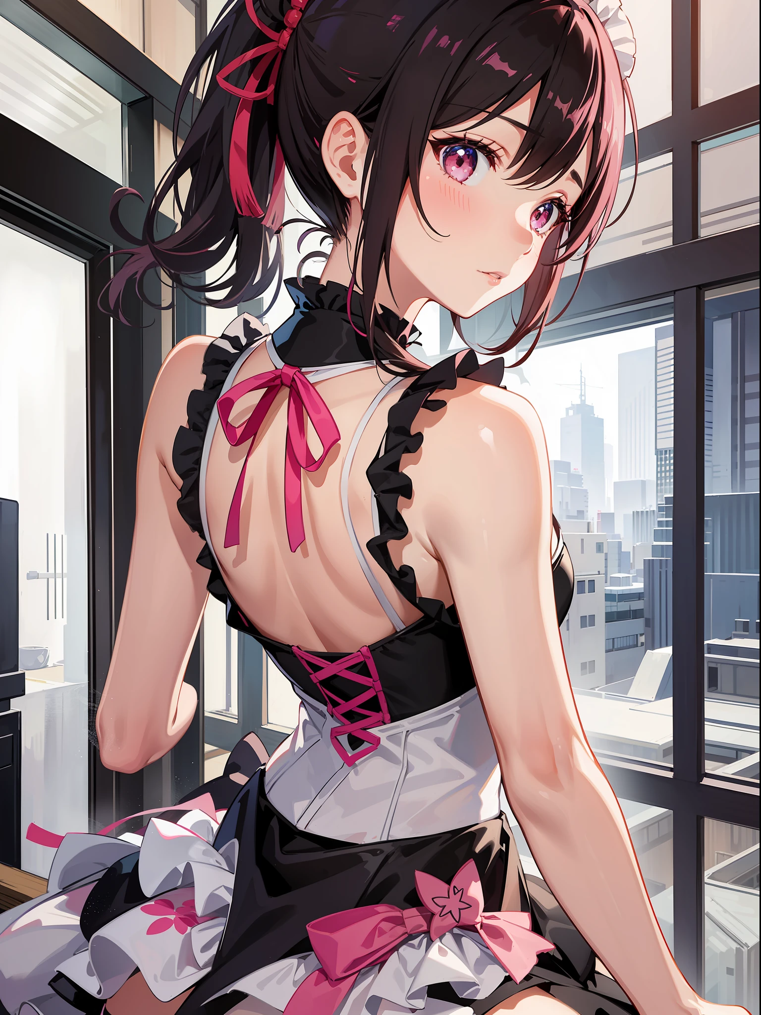 {Japan slender beauty}, maid, pink school swimsuit, high definition, top quality, super detail, wedge, fine detail, no blush, ponytail