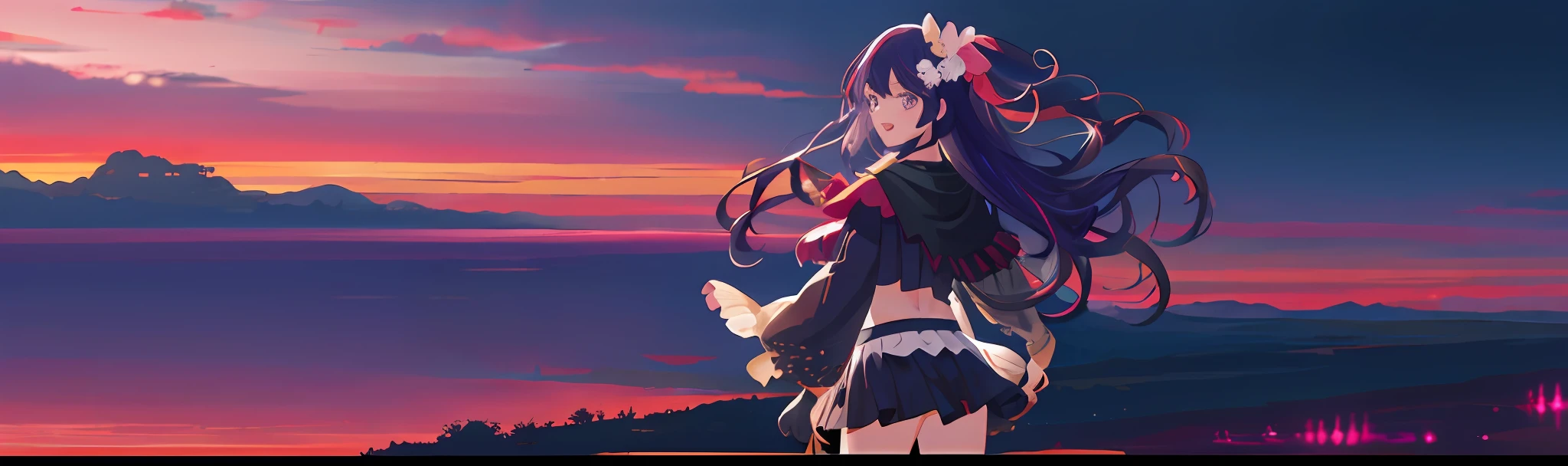 anime film, animated film poster, animated movie poster,
1girl, landscape, panorama, overlook,(high contrast:0.8),(distant view),blurry foreground,wind, cowboy shot, 
Hoshino Ai, long hair, purple hair, streaked hair ,purple eyes, star-shaped pupils, hair ornament, laughing, open mouth,strapless bikini,
looking at viewer, hand on own ass,
Pirate, column lineup, rainy days, peony, desert,
masterpiece,highres,extremely detailed CG unity 8k wallpaper, best quality, ultra-detailed,