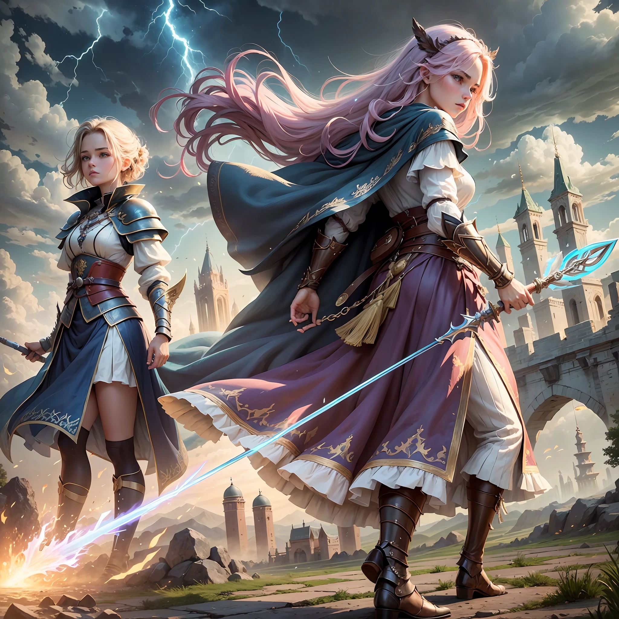 Step 1 - Scene: This is a magical scene with multiple characters in it. The scene features magnificent epic cinematic style buildings and landscapes, including towers, city walls, bridges, meadows, and lakes. There are mysterious clouds and lightning in the sky, as well as the flow and flickering of magical energy.
Step 2 - Labels (relational, noun, verb):
Characters: Many people, male, female, elderly, young
Clothing: magical decorations, ancient costumes, armor, robes, cloaks, boots
Architecture: walls, towers, bridges, palaces, shrines, meadows, lakes
Sky: Clouds, lightning, magical energy
Items: magic staffs, swords, bows and arrows, shields, magic crystals, books
Actions: casting, fighting, running, jumping, flying, resting, talking, thinking, observing
Step 3 - tag:
Characters: Multiple characters, male, female, elderly, young
Clothing: magical decoration, ancient attire, armor, --auto --s2