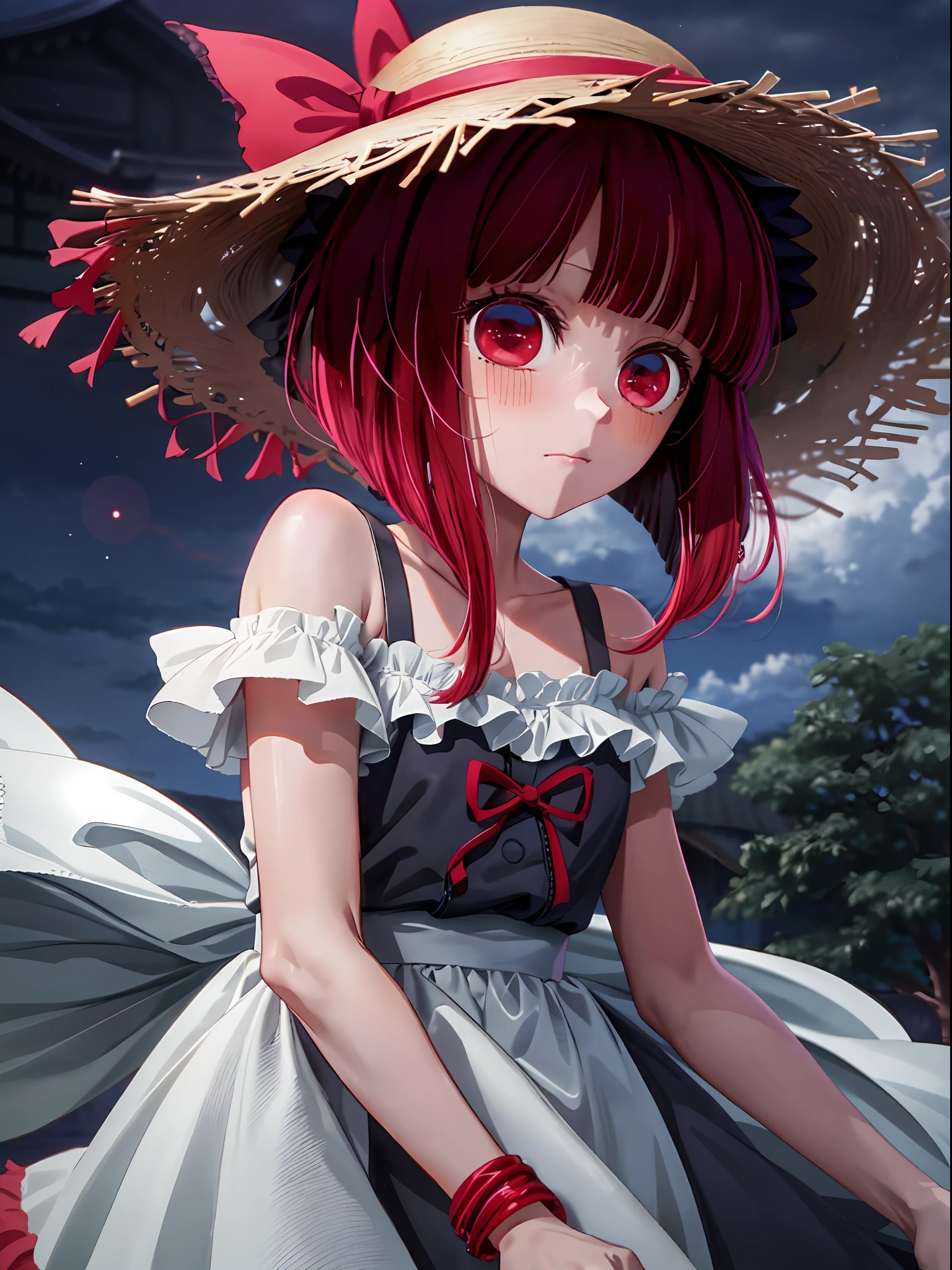 Kana Arima, red hair, red eyes, no light in the eyes, cloudy eyes, darkness falling, yandere, loli, straw hat, white dress, expressionless, serious look, short bob, bangs, 5 year old girl, dark expression,