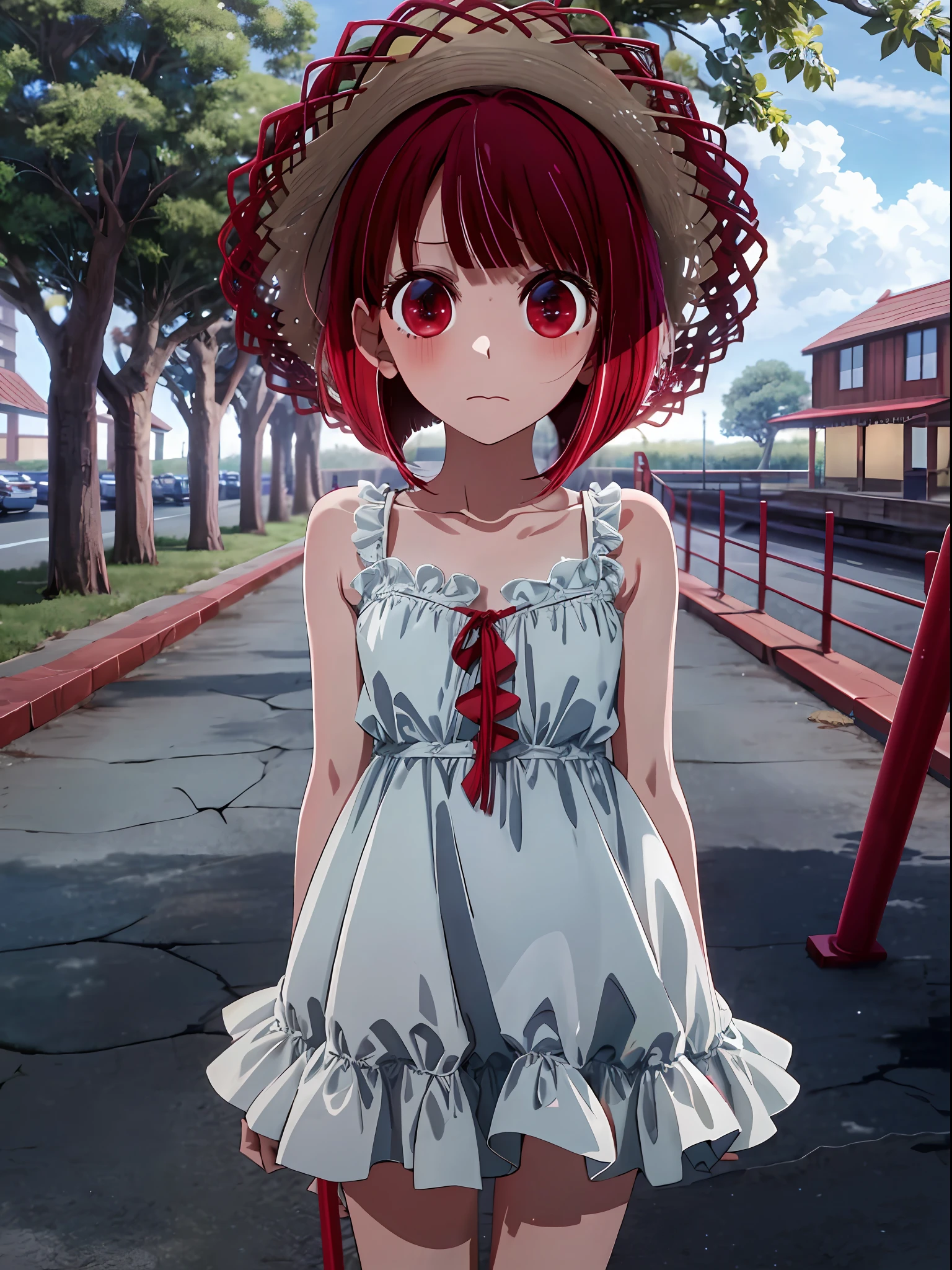 Kana Arima, red hair, red eyes, no light in the eyes, cloudy eyes, darkness falling, yandere, ****, straw hat, white dress, expressionless, serious look, short bob, bangs, 5 year old girl, dark expression,