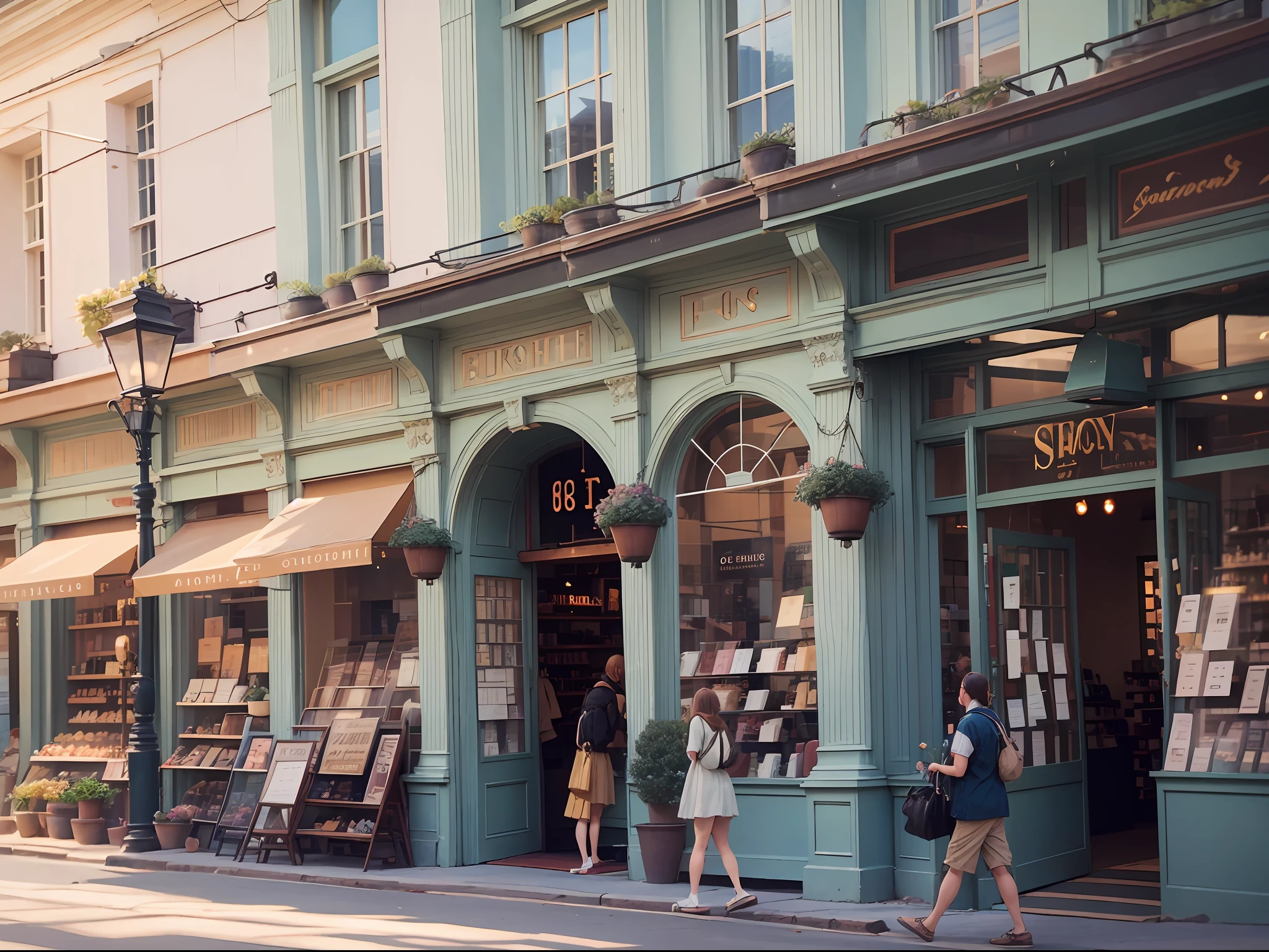 (front of a store:0.8, buildings, few people walking, pov),(beautiful store, high quality),(sunlight, soft shadows),(sign on top shop without walks written) similar to film, with an artistic touch, soft colors, blurry, depth of field, old style, wide dynamic range. --auto --s2