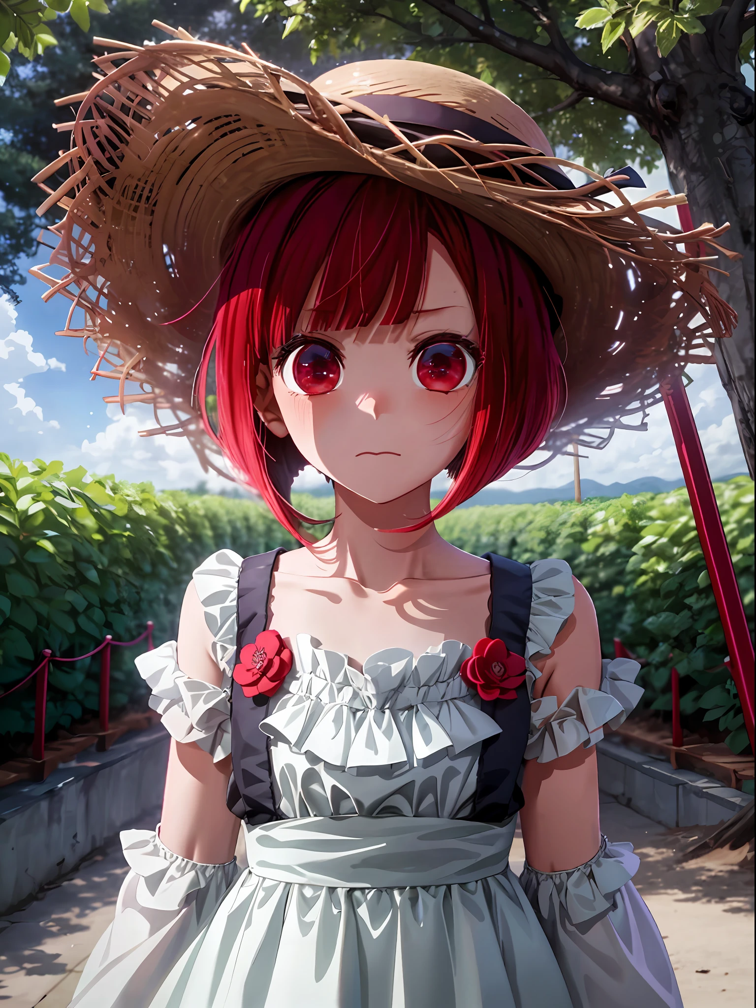 Kana Arima, red hair, red eyes, no light in the eyes, cloudy eyes, darkness falling, yandere, ****, straw hat, white dress, expressionless, serious look, short bob, bangs, 5 year old girl, dark expression,