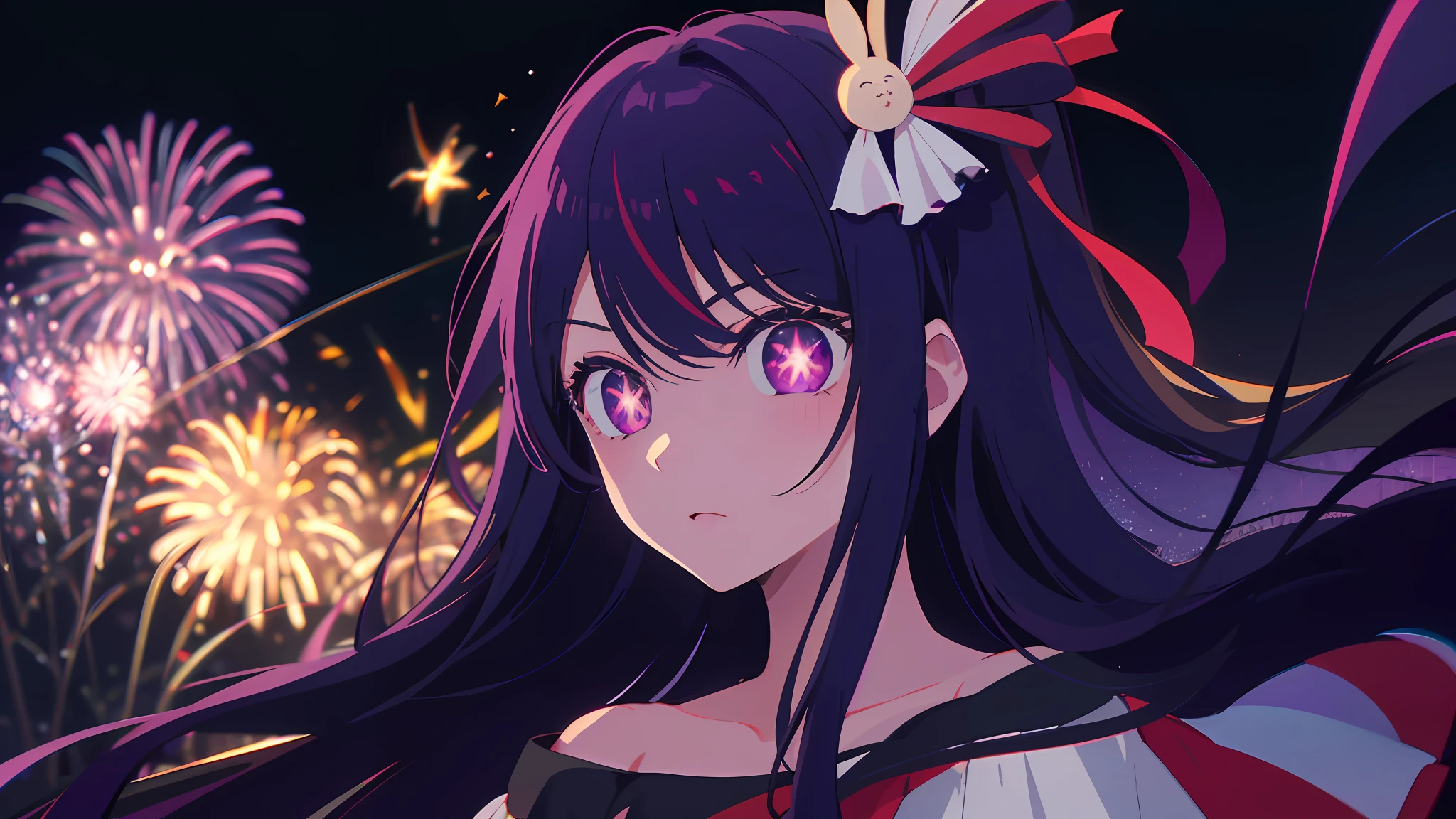 (masterpiece, best quality), ((1girl, (mature), Hoshino Ai, ), (dark purple hair, long hair, streaked hair, beautiful hair, hair ornament), (purple eyes, star-shaped pupils, +_+, symbol-shaped_pupils, sparkling_eyes, beautiful eyes, eye highlights, sharp eyes), (looking at the viewer, off shoulder)), (simplier background, dark background, fireworks), (abstract art, highres, chromatic aberration), (),