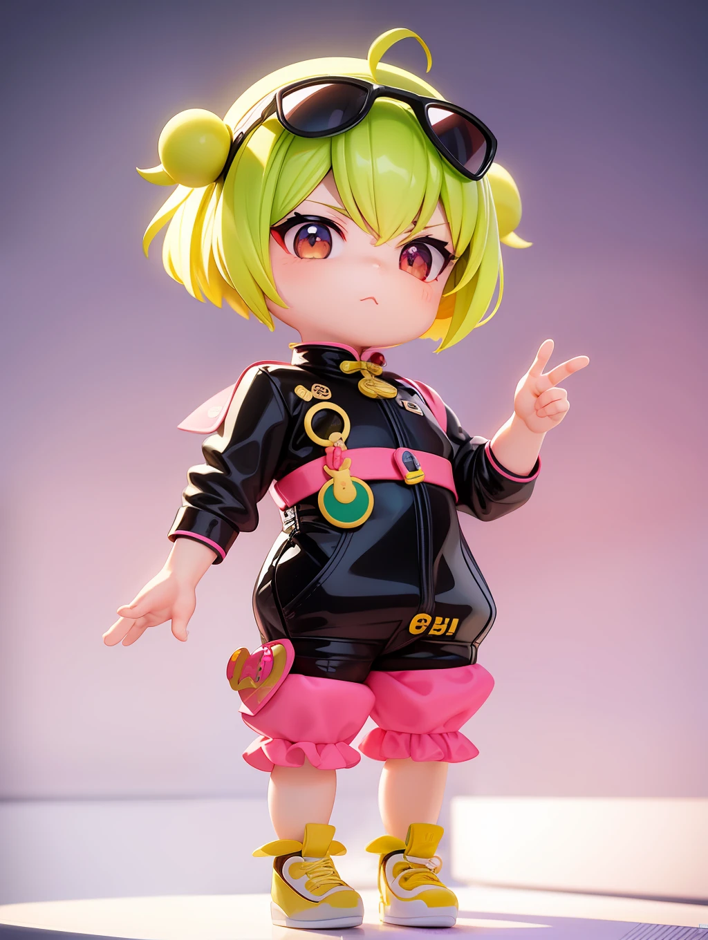 PopMart blind box IP, Chinese zodiac, super cute boy wearing one-piece crocodile shape clothes, technological elements, fashionable clothes, streamlined 3D/C4D production: 8K HD picture quality/lighting/ultra-fine lens depiction 1.5, flawless, chibi background/cinematic sense.