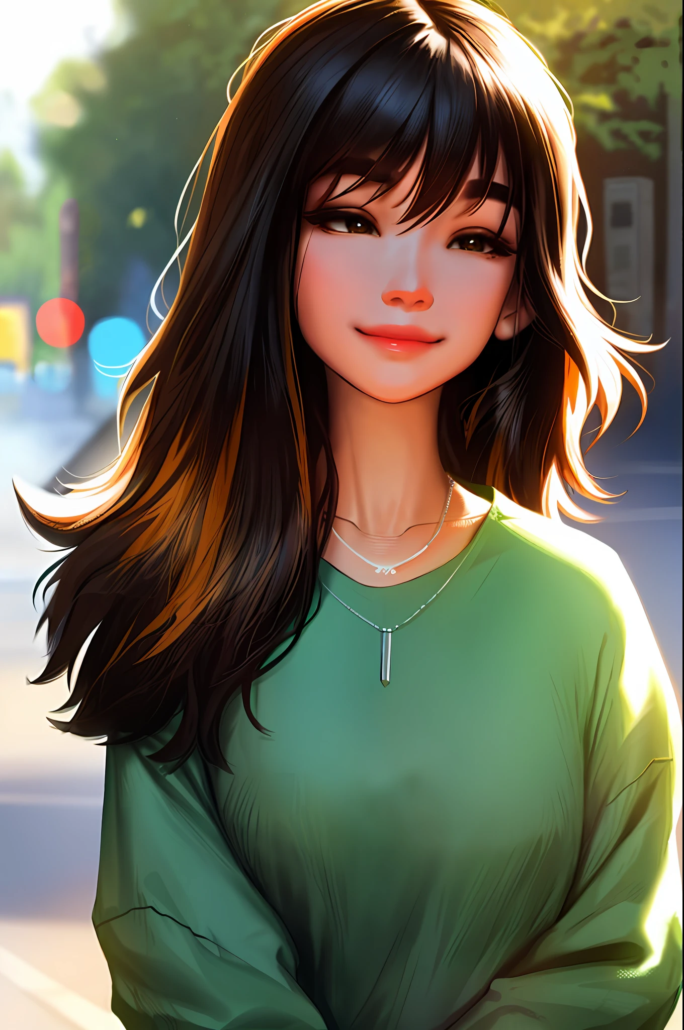 Sam Yang,
1girl, bangs, black hair with green tips, black shirt, medium hair, blurred, blurred background, bokeh, brown eyes, brown hair, closed mouth, day, depth of field, hair between eyes, half-closed eyes, upper body, jewelry, lips, long hair, long sleeves, looking at the viewer, multicolored hair, necklace, nose, outdoor, shirt, smile, solo, thick eyebrows, two-tone hair, sunshine ((masterpiece))