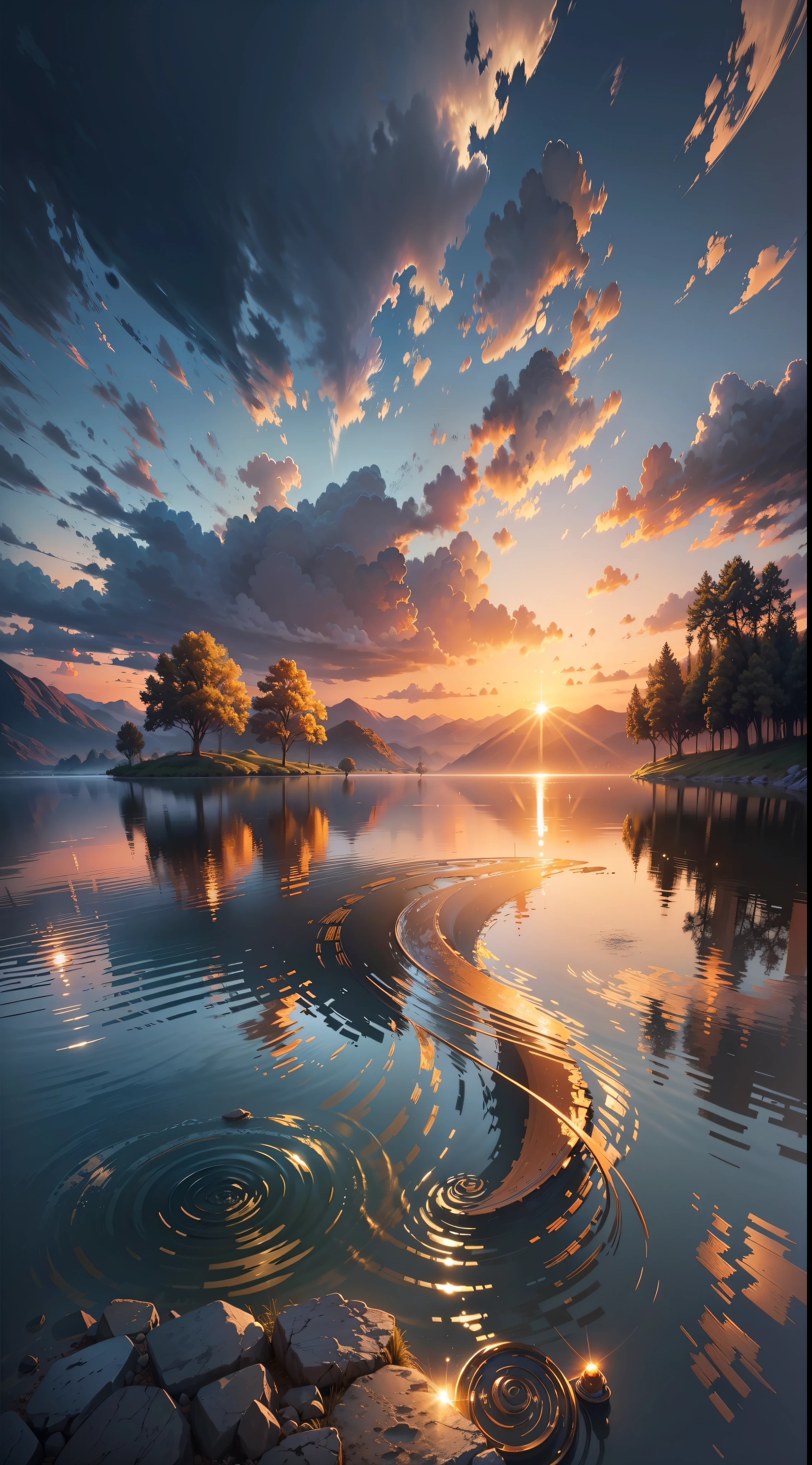 sunset, landscape, water, (very detailed CG unity 8k wallpaper), the most beautiful artwork in the world, professional majestic oil painting, intricate, high detail, clear focus, dramatic, realistic painting art, blue sky.