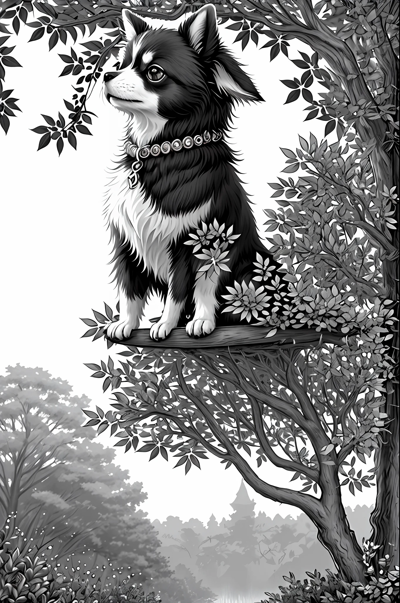(hight definition, 8k, Highly detailed) Coloring book style, black and white, cute and fluffy chihuahua dog in flower garden and trees, Disney style, Pixar style, monochrome