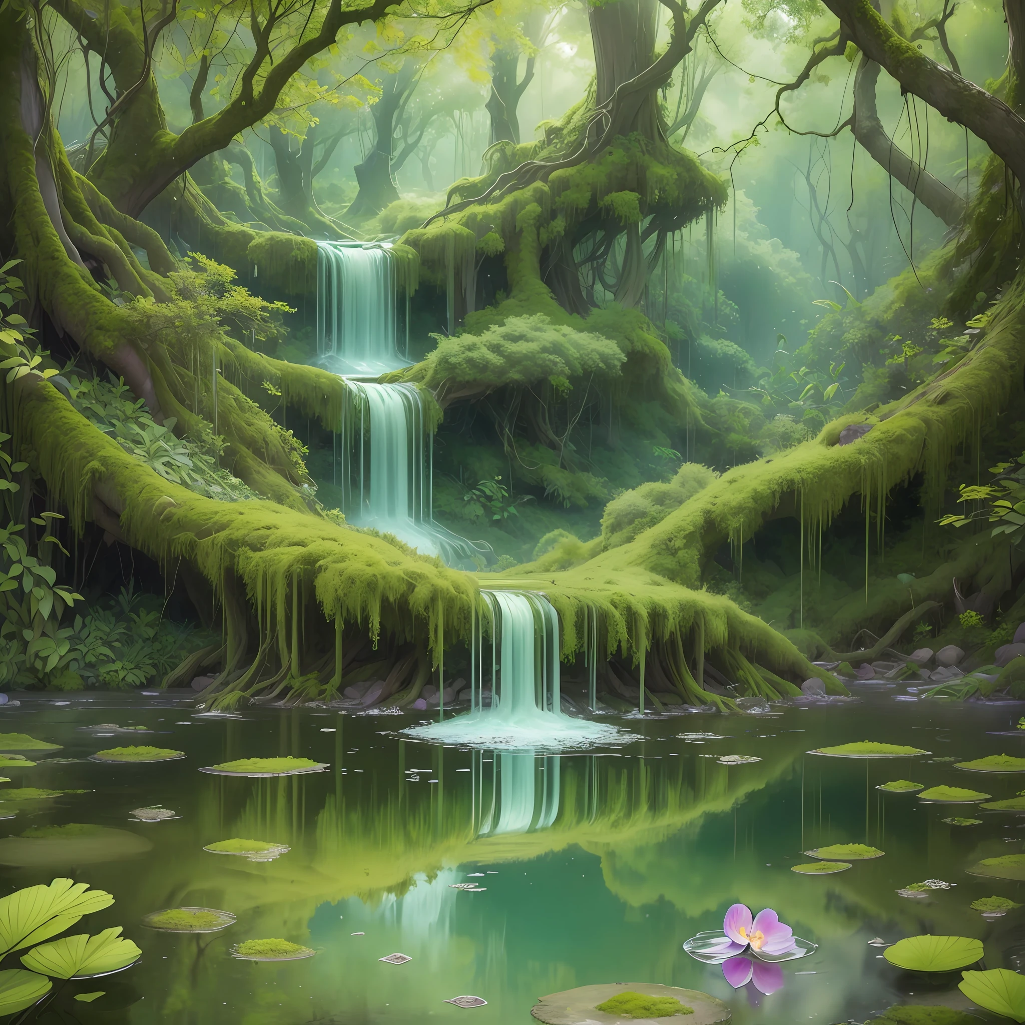 Computer Visualized Graphics, Watercolor Drawing, Realistic Fantasy, Extensive Landscape Ultrasound Photography (general view showing
water, reflection, roots braiding glass, orchid inside, tree, moss), blurred background, gloomy, yellow, green, purple background, pink, warm, magic --auto --s2