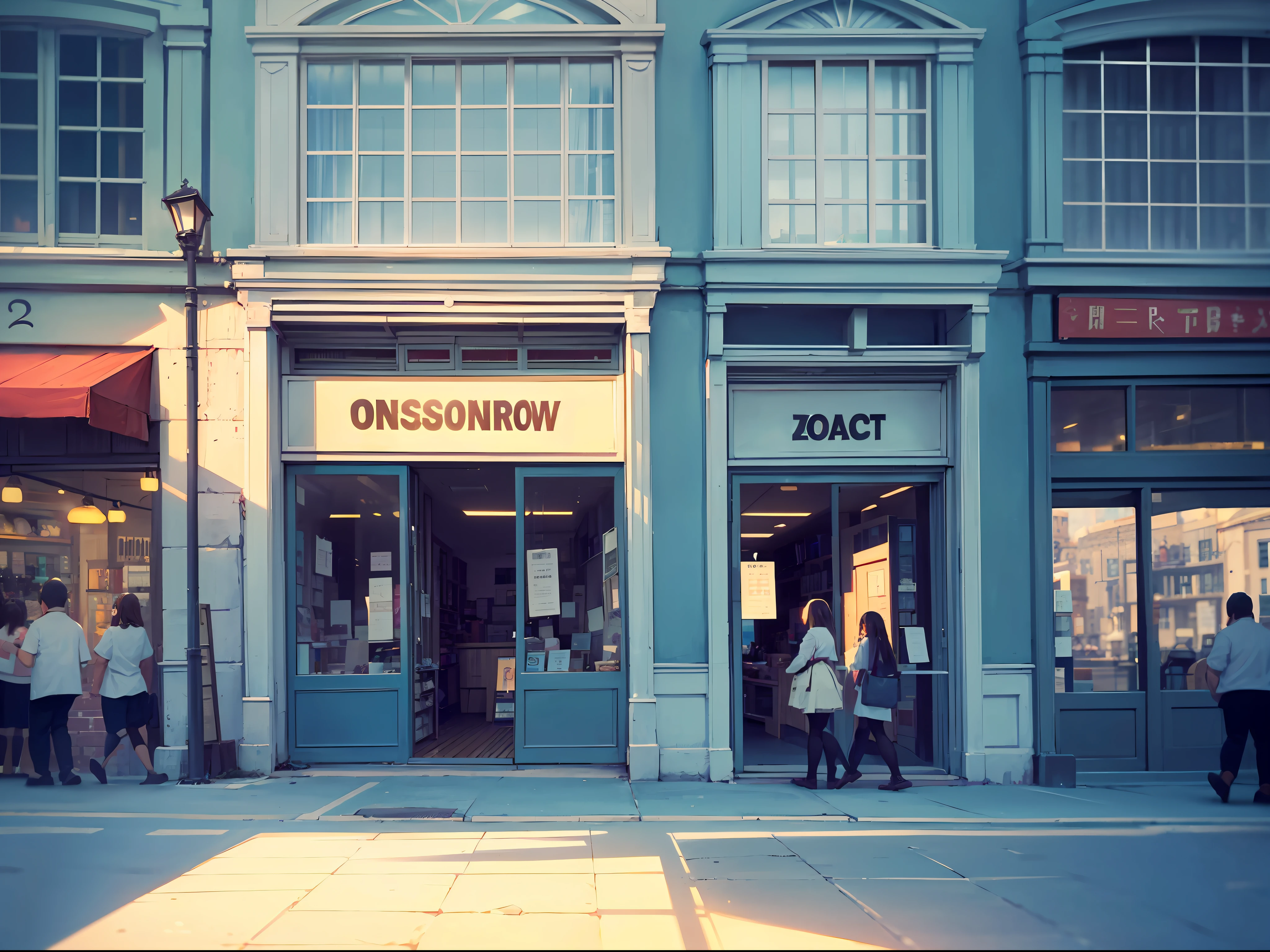 (front of a store:0.8, buildings, few people walking, pov),(beautiful store, high quality),(sunlight, soft shadows), similar to film, with an artistic touch, soft colors, blurry, depth of field, old style, wide dynamic range. --auto --s2