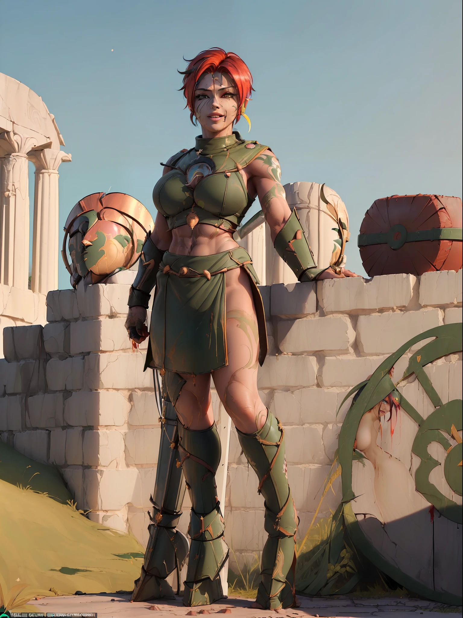 ((Full body. standing):2) (({Only 1/Female}):1.5):{((wearing extremely sexual Spartan warrior costume, short and tight on her body):1.5), ((extremely large breasts ):1.5), ((red mohawk hair, red eyes):1.5) ((tattoos all over body, blood running down body, looking at viewer, seductive smile):1.5), ((striking erotic poses):1.5) }; {((Background: Spartan city in ancient Greece crowded with Spartan warriors, with different colored hair style, Spartan army attire):1.5)}, Hyperrealism, 16k, ((best quality, high details): 1.4), anatomically correct , masterpiece, UHD